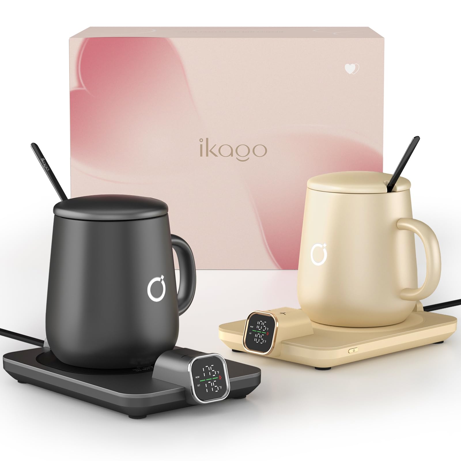 Coffee Cup Warmer & iKago Mug Set, 1℉ Precise Temp Control Mug Warmer | Auto Shut Off, Infrared Sensor, Dual Temp Display, ℉/℃ Optional, 15oz Mug with Spoon & Lid Included, Gifts for Men Women