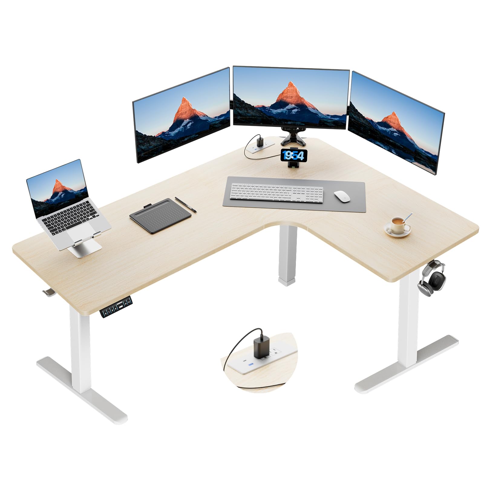 HUANUO 63″ L-Shaped Standing Desk, Built-in Power Outlets, Electric Height Adjustable Corner Computer Desk, Large Power Strip Holder, Sit Stand Up Desk with 3 Preset Heights, Black