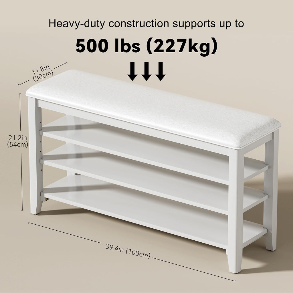 Taitiy Shoe Bench Storage Rubberwood with Leather Cushion for Entryway Bench Ideal for Hallways Shoe Rack Front Doors Entrances Mudrooms Featuring 3 Height-Adjustable and Removable Shelves
