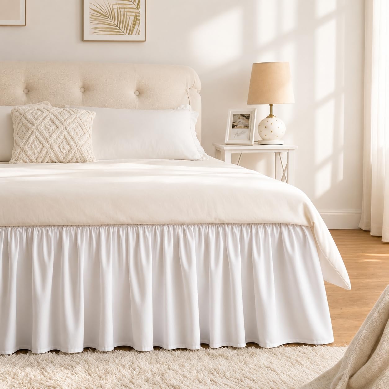 RIMELA Dorm Bed Skirt Twin XL 32 Inch Drop, Easy to Install Extra Long Wrap Around Elastic Dust Ruffle, White Bedskirt Solid Silky Fabric Machine Washable, Bedroom Decor