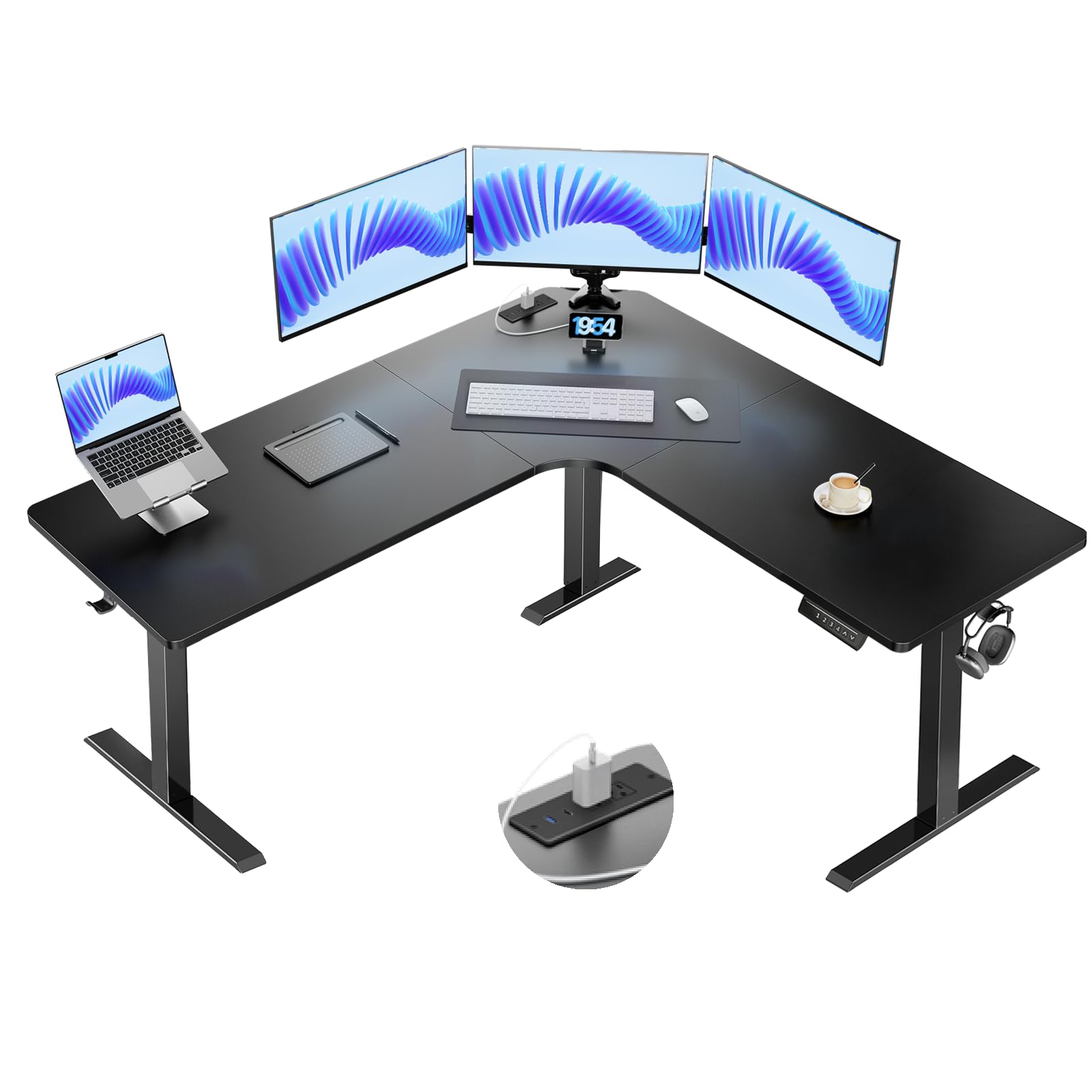 HUANUO 63″ L-Shaped Standing Desk, Built-in Power Outlets, Electric Height Adjustable Corner Computer Desk, Large Power Strip Holder, Sit Stand Up Desk with 3 Preset Heights, Black