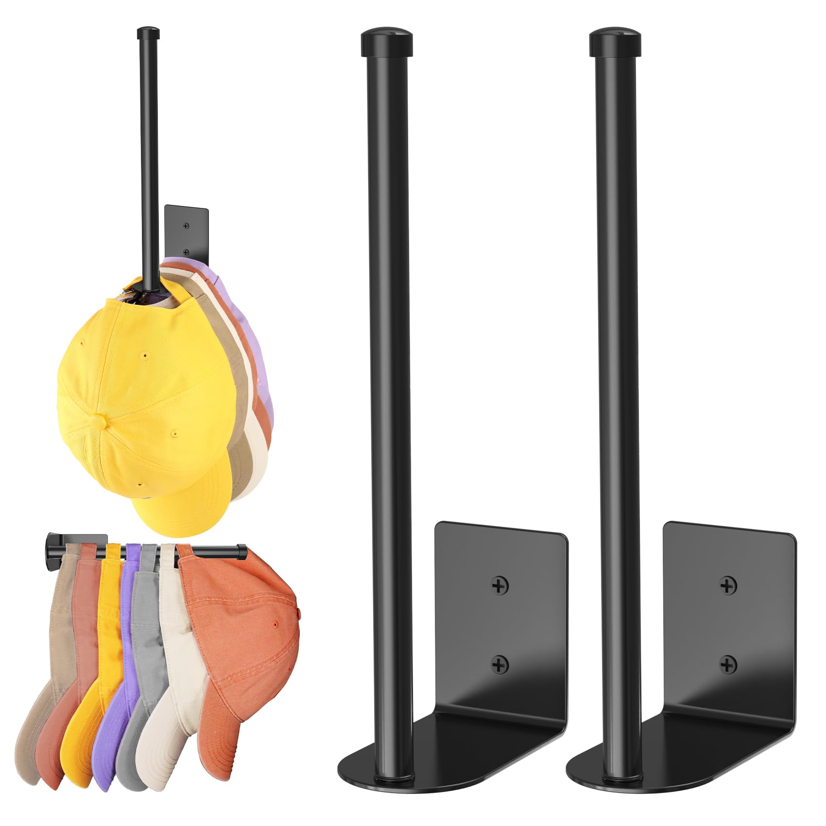 Durmmur 2 Pack Hat Racks for Baseball Caps, Stainless Steel Hat Organizer for Baseball Cap, Hat Holder Storage Organizer, Hat Hanger Strong Adhesive/Wall Drilled for Door, Bedroom, Closet(Black 6 in)