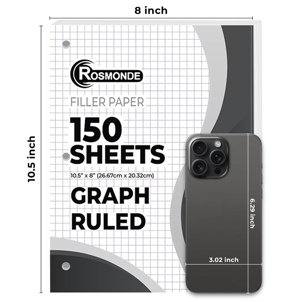 Rosmonde Loose Leaf Paper, 450 Sheets, 3 Pack, College Ruled Paper, 8" x 10.5", Bulk Office Filler Paper, 3 Hole Punched, 150 Sheets/Pack, 56 gsm Paper, College Ruled Notebook Paper for Binder, White | Bulk Office Filler Paper, 8" x 10.5", 3 Hole Punched,