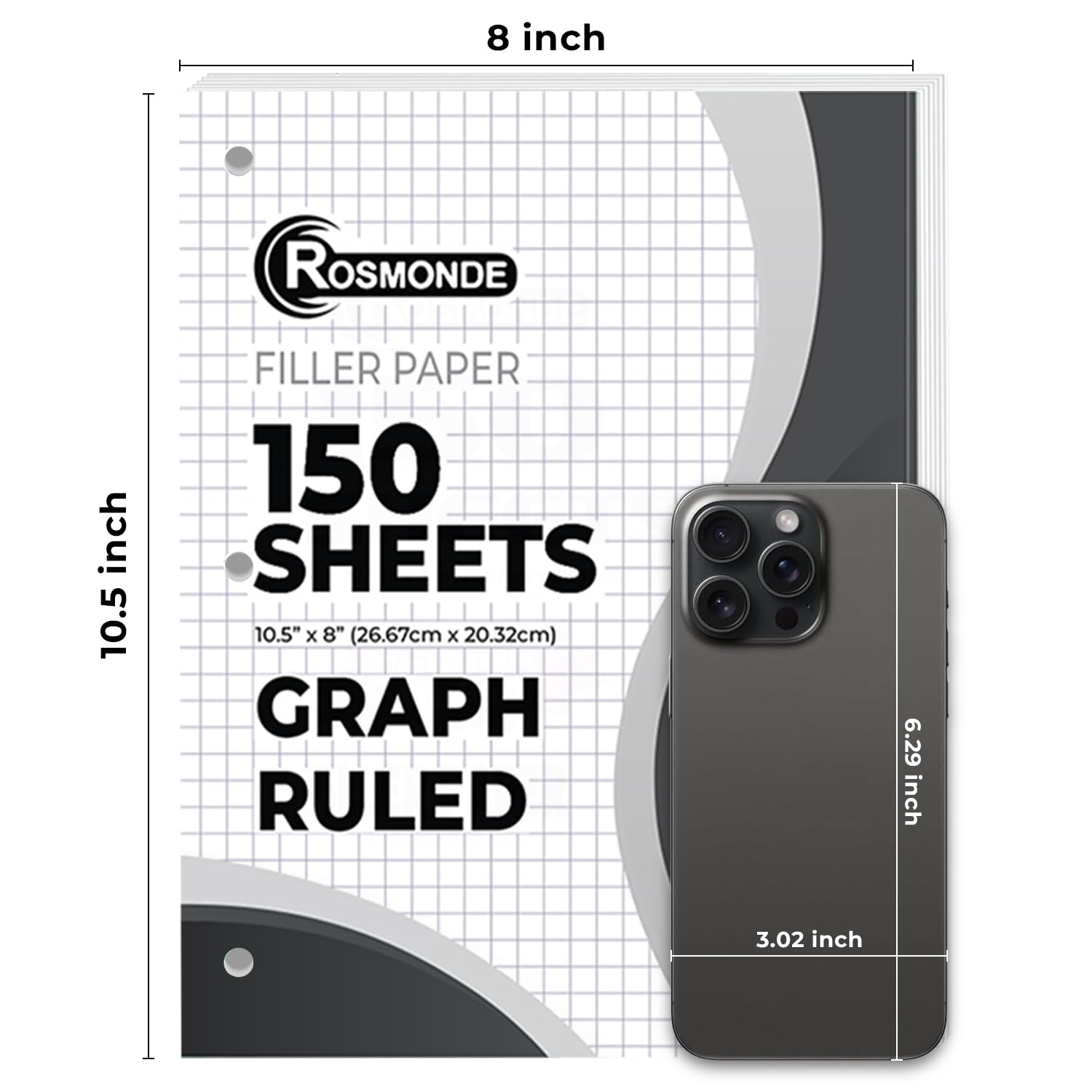 Rosmonde Loose Leaf Paper, 450 Sheets, 3 Pack, College Ruled Paper, 8" x 10.5", Bulk Office Filler Paper, 3 Hole Punched, 150 Sheets/Pack, 56 gsm Paper, College Ruled Notebook Paper for Binder, White | Bulk Office Filler Paper, 8" x 10.5", 3 Hole Punched,