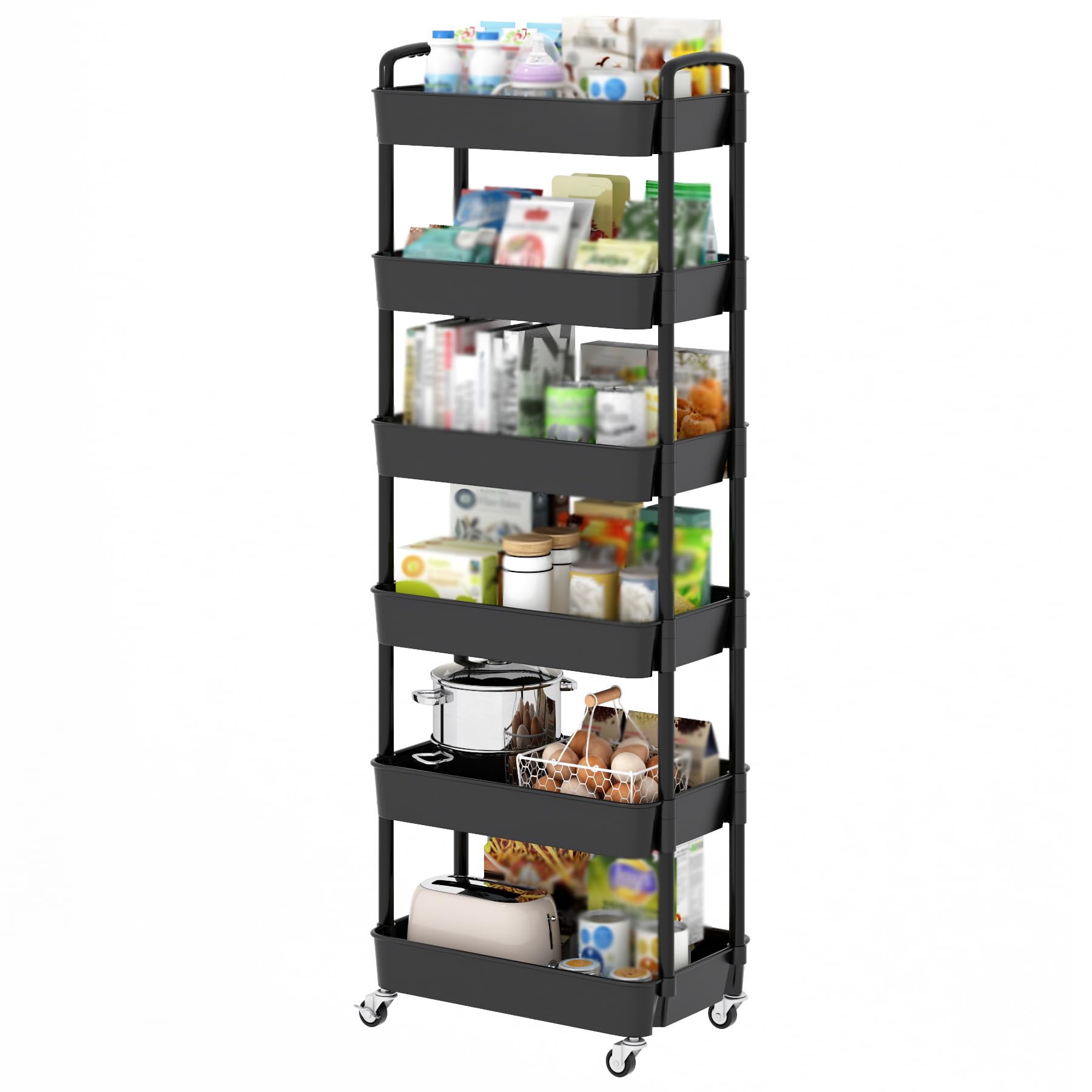 Sywhitta 3-Tier Plastic Rolling Utility Cart with Handle, Multi-Functional Storage Trolley for Office, Living Room, Kitchen, Movable Storage Organizer with Wheels, Black