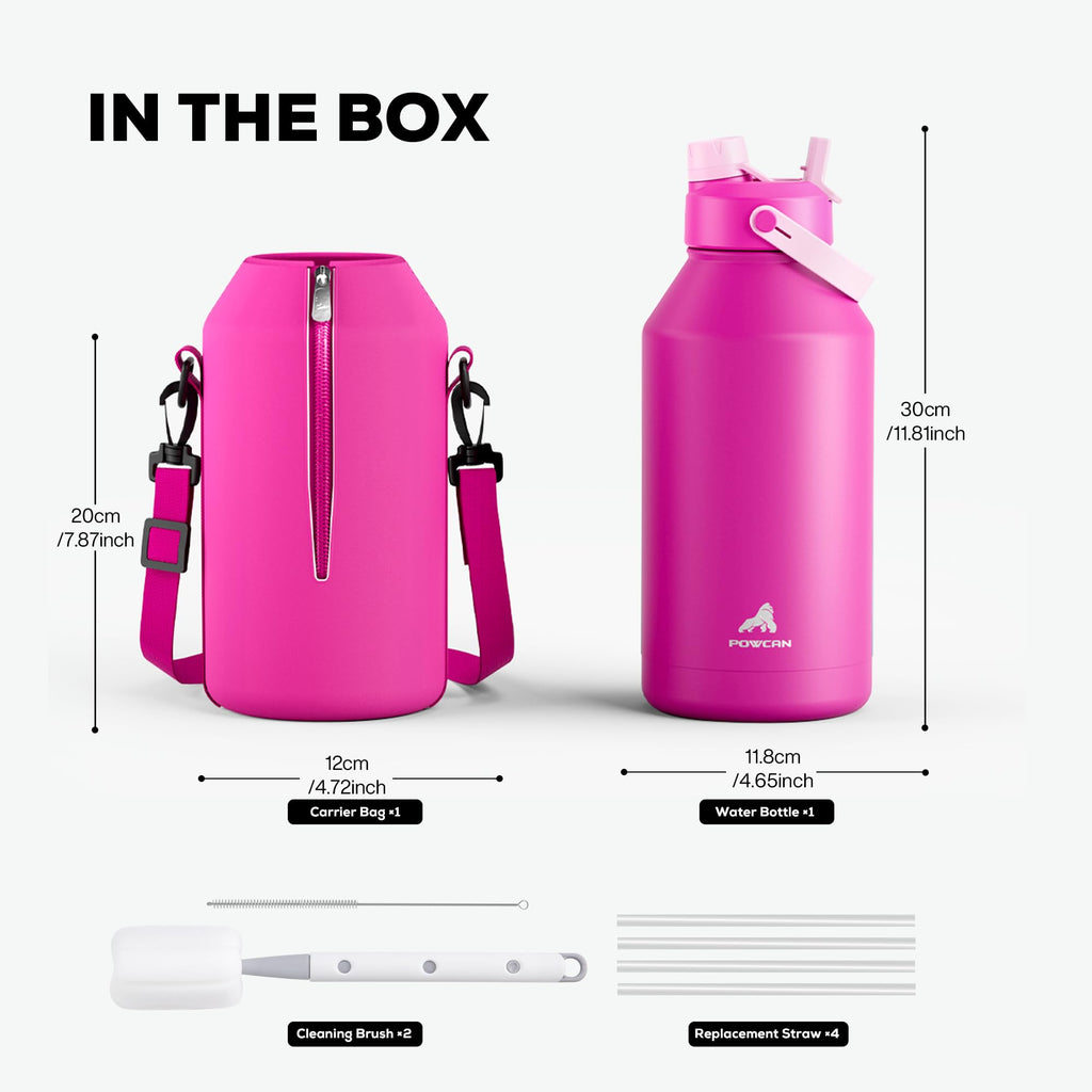 POWCAN 64 oz Insulated Water Bottle for Sports: 2-in-1 Straw & Spout Lid, Leakproof, Carrier Bag, Shoulder Strap, Keep Cold 48H, BPA-Free, Half Gallon Metal Water Jug for Gym, Travel, Gift (Midnight)