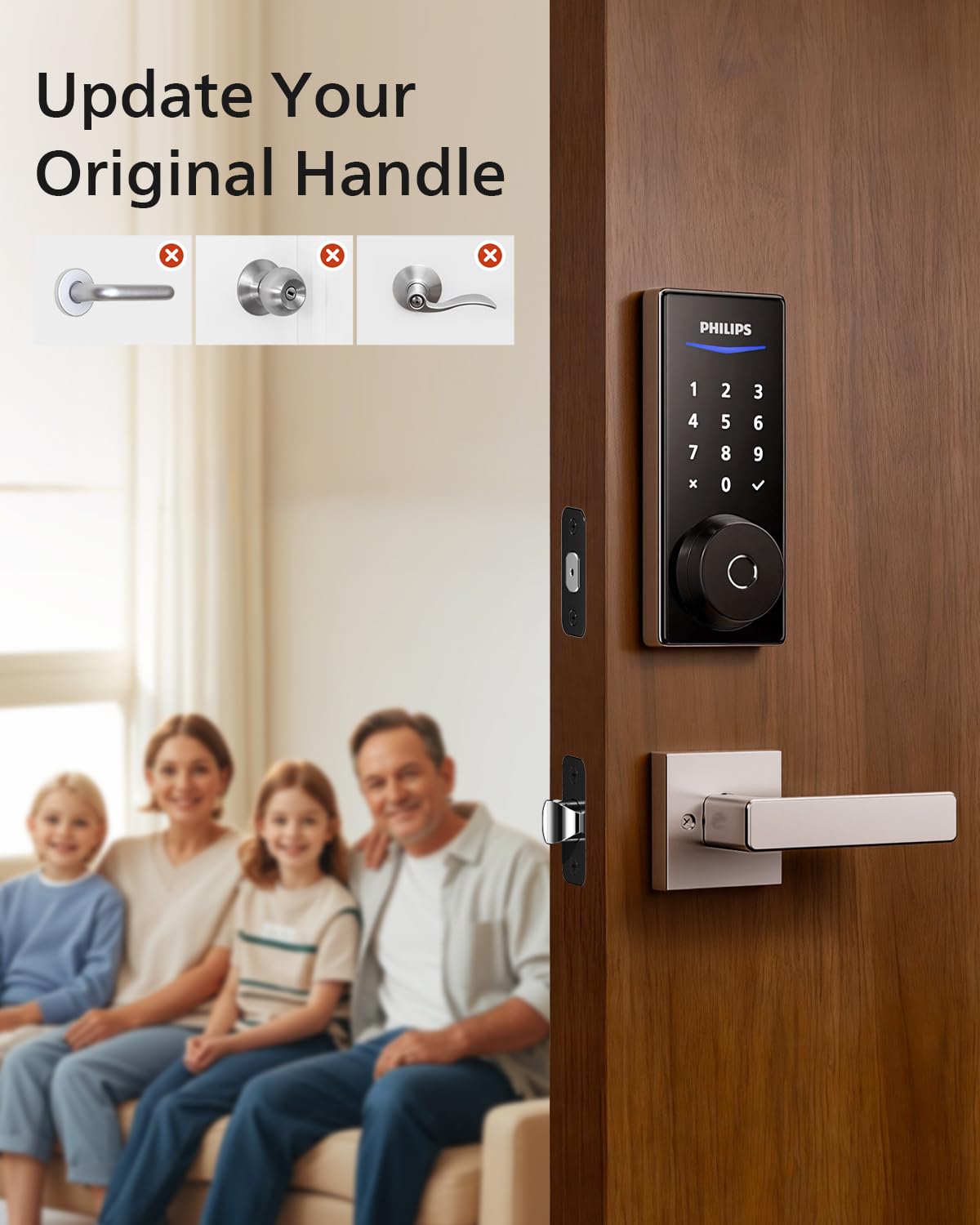 Philips Smart Lock with Handles, Keyless Entry Door Lock Set, Keypad Door Lock with 2 Level Handles, Digital Keypad Deadbolt for Front Door, App Fingerprint PIN Code Unlocking, Auto Locking