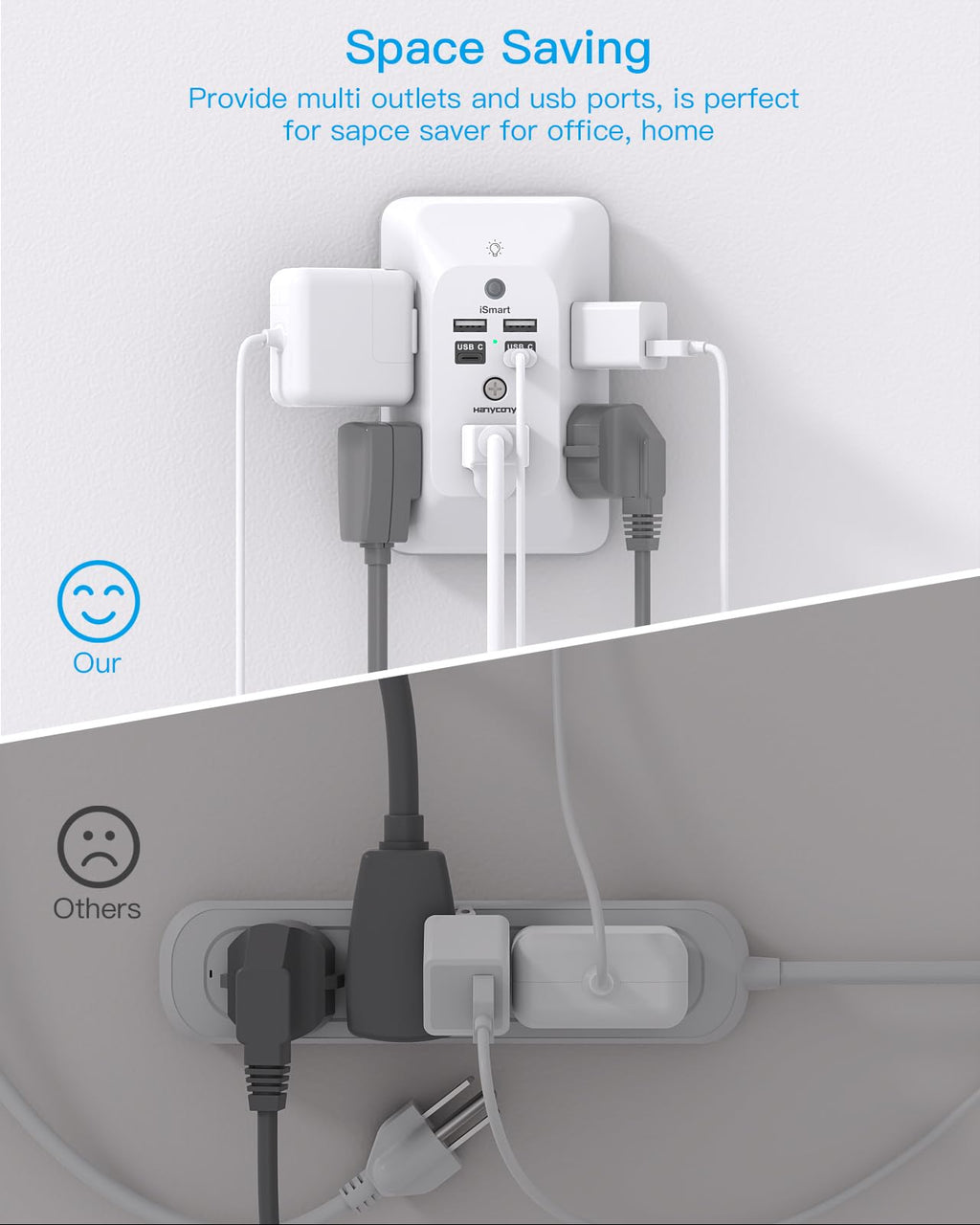 Outlet Extender with Night Light, Multi Plug Wall Outlet, Surge Protector | Multiple Electrical Outlet Splitter Expander, 4 USB Ports (1 USB C) Wall Charger, Plug Extension Adapter for Home, Dorm, RV