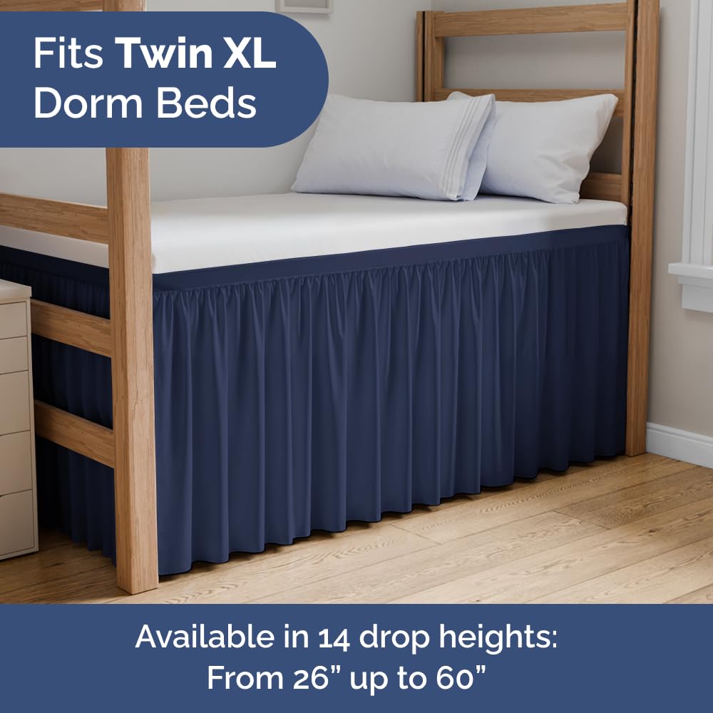 Dorm Room Bed Skirt Twin XL - College Dorm Room Essentials - White, 34 Inch | Extra Long Dust Ruffled College Bedskirt with Split Corners, Easy Fit Elastic Strap, Adjustable, Fade & Wrinkle Free