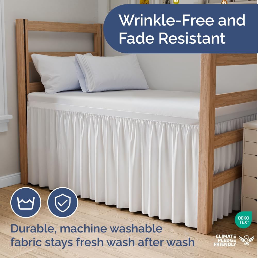 Dorm Room Bed Skirt Twin XL - College Dorm Room Essentials - White, 34 Inch | Extra Long Dust Ruffled College Bedskirt with Split Corners, Easy Fit Elastic Strap, Adjustable, Fade & Wrinkle Free
