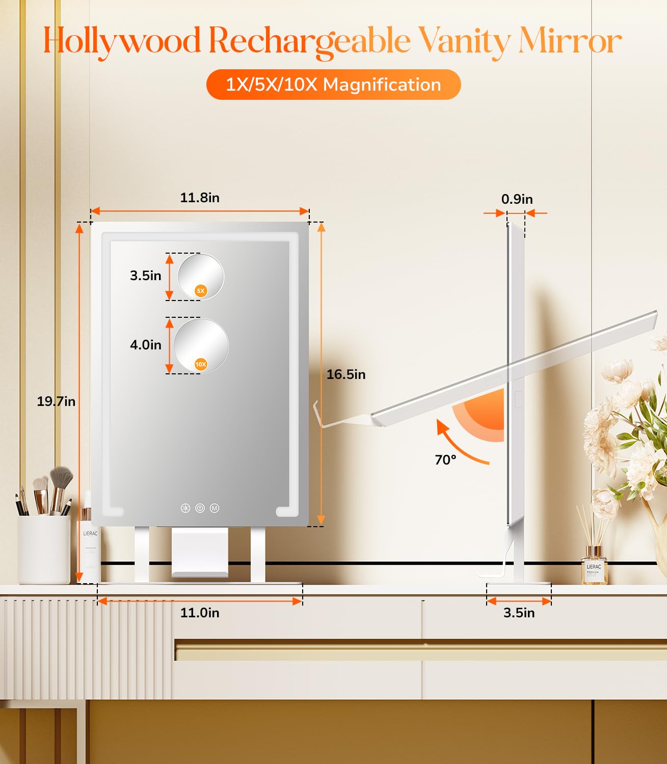 Gospire Lighted Makeup Mirror, Hollywood 4000mAh Rechargeable Vanity Mirror with 5X/10X Magnification, 3-Color Dimmable Lighting, Touch Control, Phone Holder, 11”x16.8” LED Tabletop Mirror for Bedroom