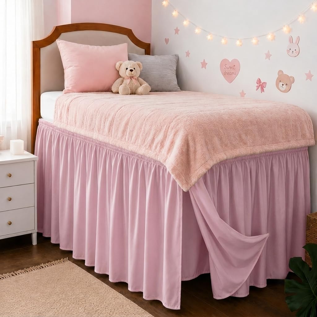 RIMELA Dorm Bed Skirt Twin XL 32 Inch Drop, Easy to Install Extra Long Wrap Around Elastic Dust Ruffle, White Bedskirt Solid Silky Fabric Machine Washable, Bedroom Decor