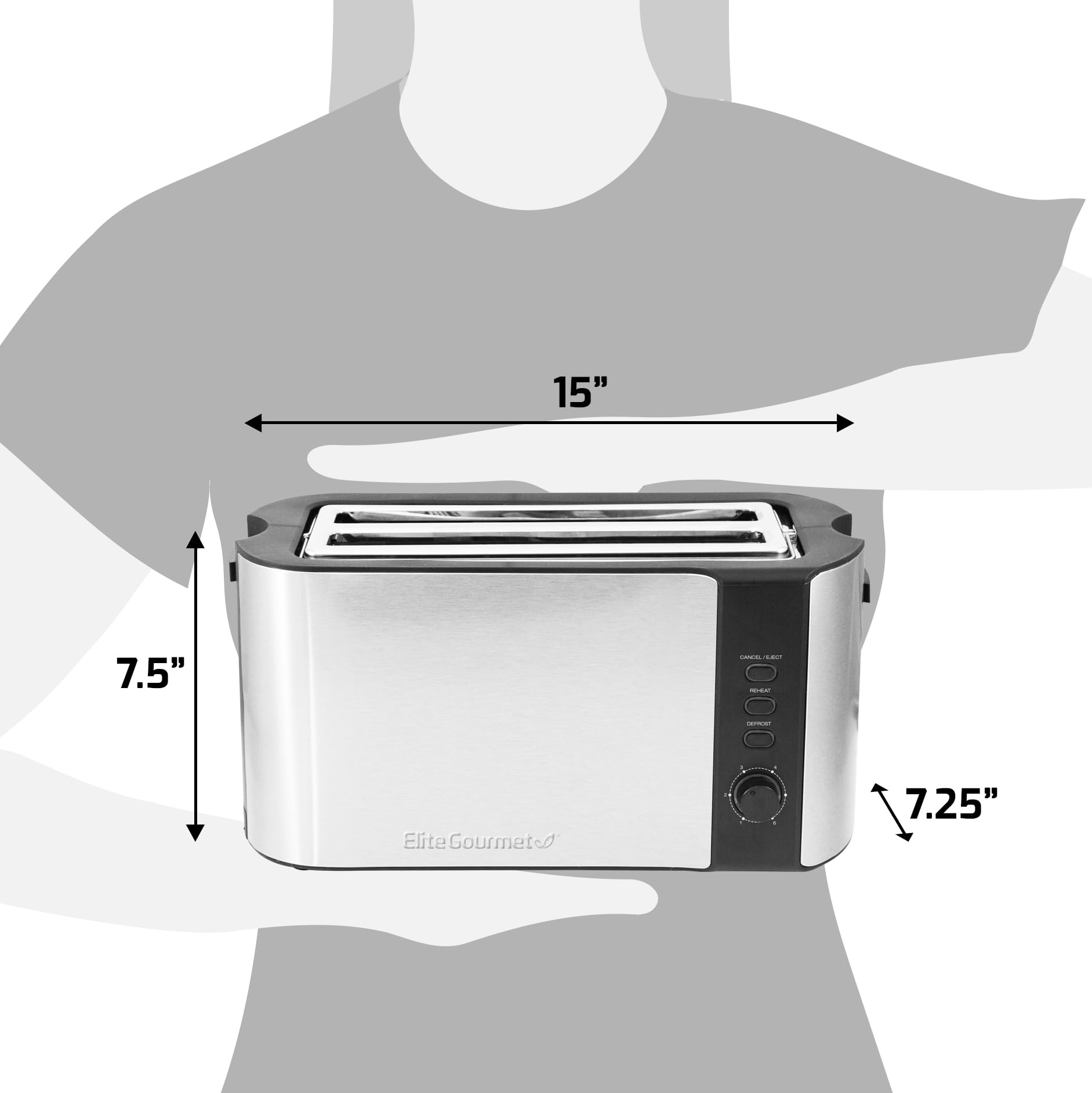 Elite Gourmet ECT5500 4-Slice Long Slot Toaster, Fully Automatic Motorized, Stainless Steel Digital Touchscreen, Extra-Wide Slots, 6 Browning Levels, Bagel, Defrost & Reheat