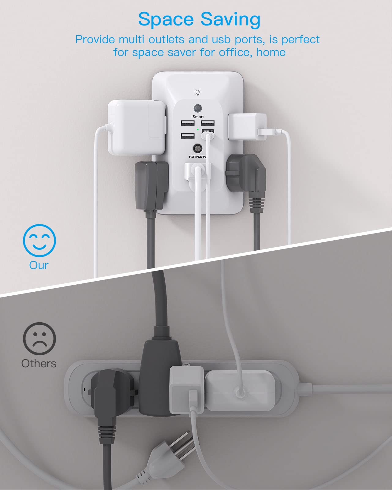 Outlet Extender with Night Light, Multi Plug Wall Outlet, Surge Protector | Multiple Electrical Outlet Splitter Expander, 4 USB Ports (1 USB C) Wall Charger, Plug Extension Adapter for Home, Dorm, RV