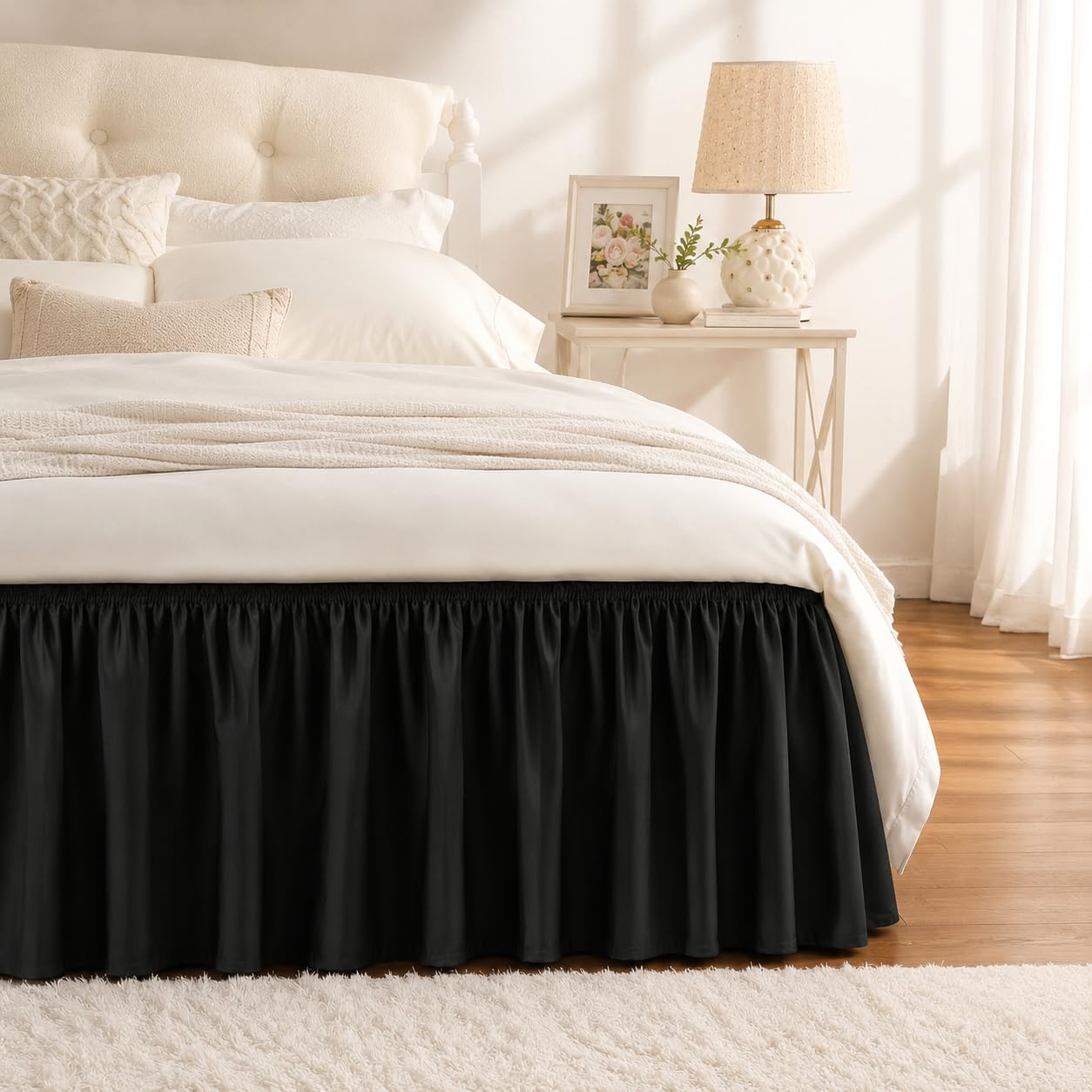 RIMELA Dorm Bed Skirt Twin XL 32 Inch Drop, Easy to Install Extra Long Wrap Around Elastic Dust Ruffle, White Bedskirt Solid Silky Fabric Machine Washable, Bedroom Decor
