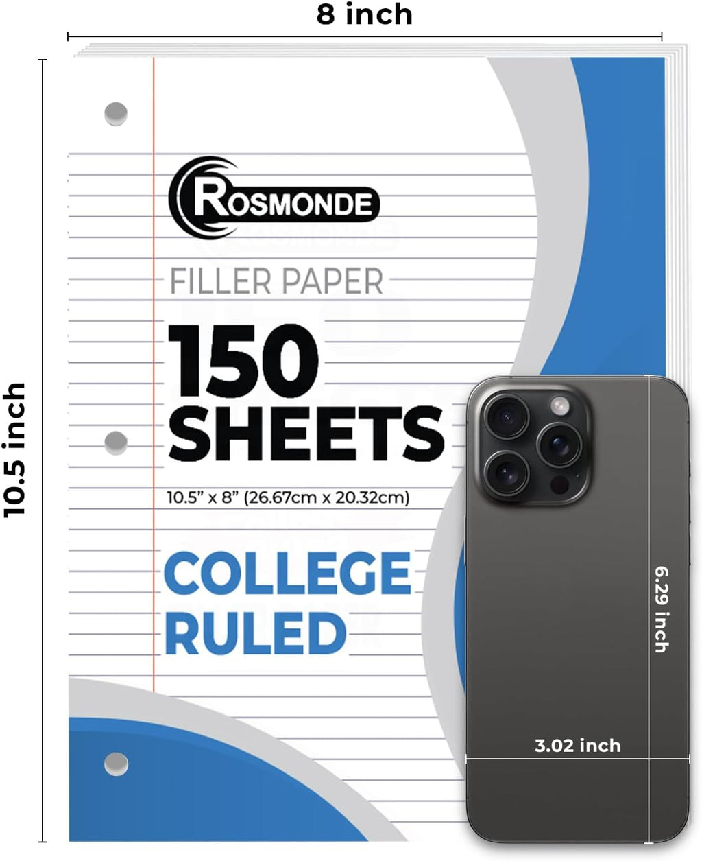 Rosmonde Loose Leaf Paper, 450 Sheets, 3 Pack, College Ruled Paper, 8" x 10.5", Bulk Office Filler Paper, 3 Hole Punched, 150 Sheets/Pack, 56 gsm Paper, College Ruled Notebook Paper for Binder, White | Bulk Office Filler Paper, 8" x 10.5", 3 Hole Punched,