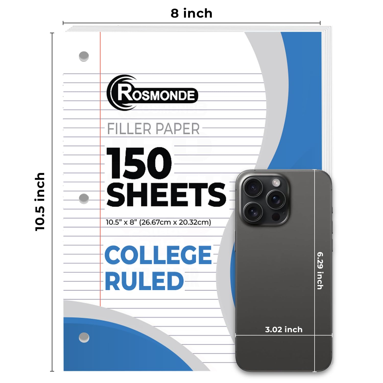 Rosmonde Loose Leaf Paper, 450 Sheets, 3 Pack, College Ruled Paper, 8" x 10.5", Bulk Office Filler Paper, 3 Hole Punched, 150 Sheets/Pack, 56 gsm Paper, College Ruled Notebook Paper for Binder, White | Bulk Office Filler Paper, 8" x 10.5", 3 Hole Punched,