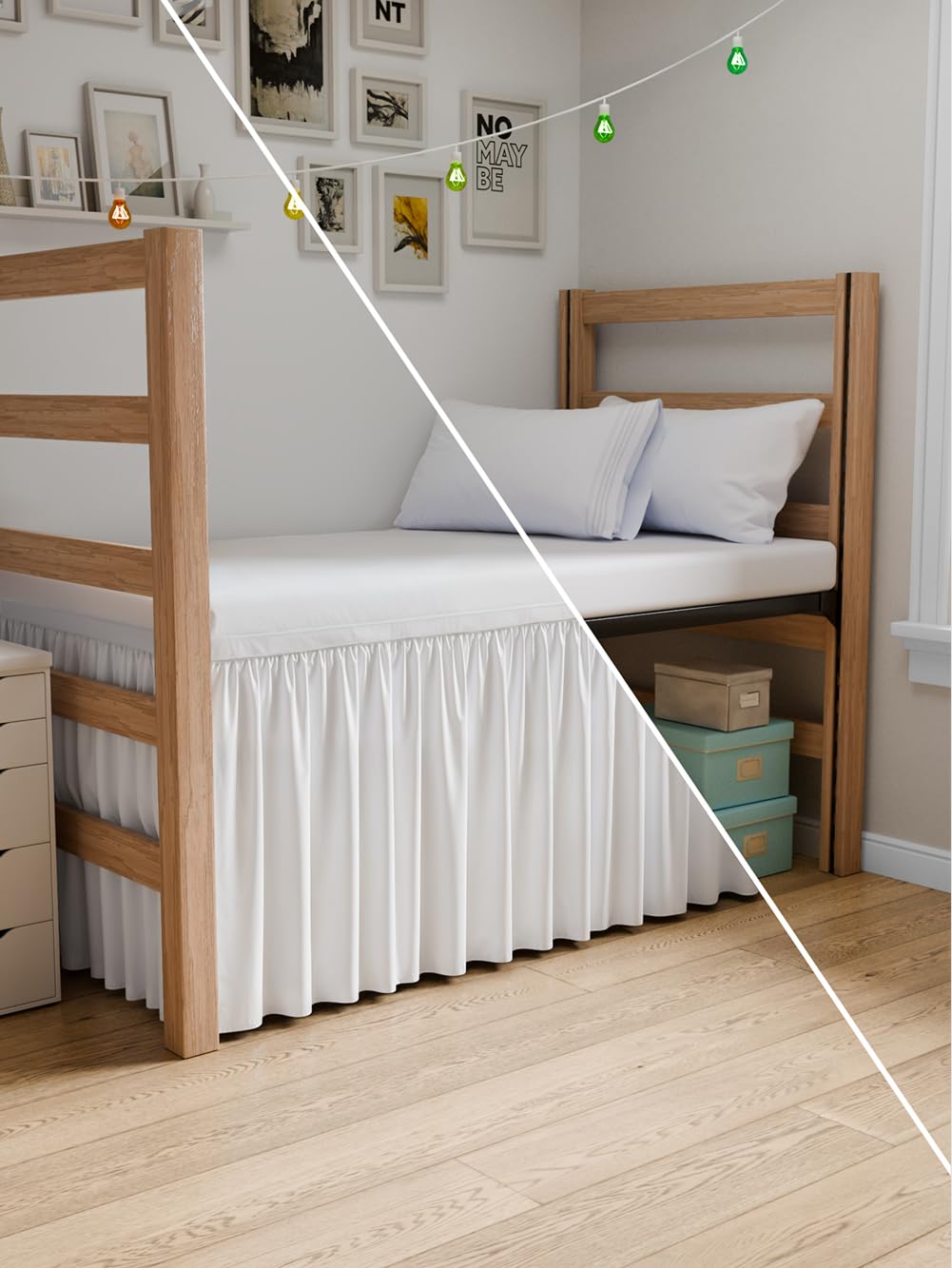 Dorm Room Bed Skirt Twin XL - College Dorm Room Essentials - White, 34 Inch | Extra Long Dust Ruffled College Bedskirt with Split Corners, Easy Fit Elastic Strap, Adjustable, Fade & Wrinkle Free