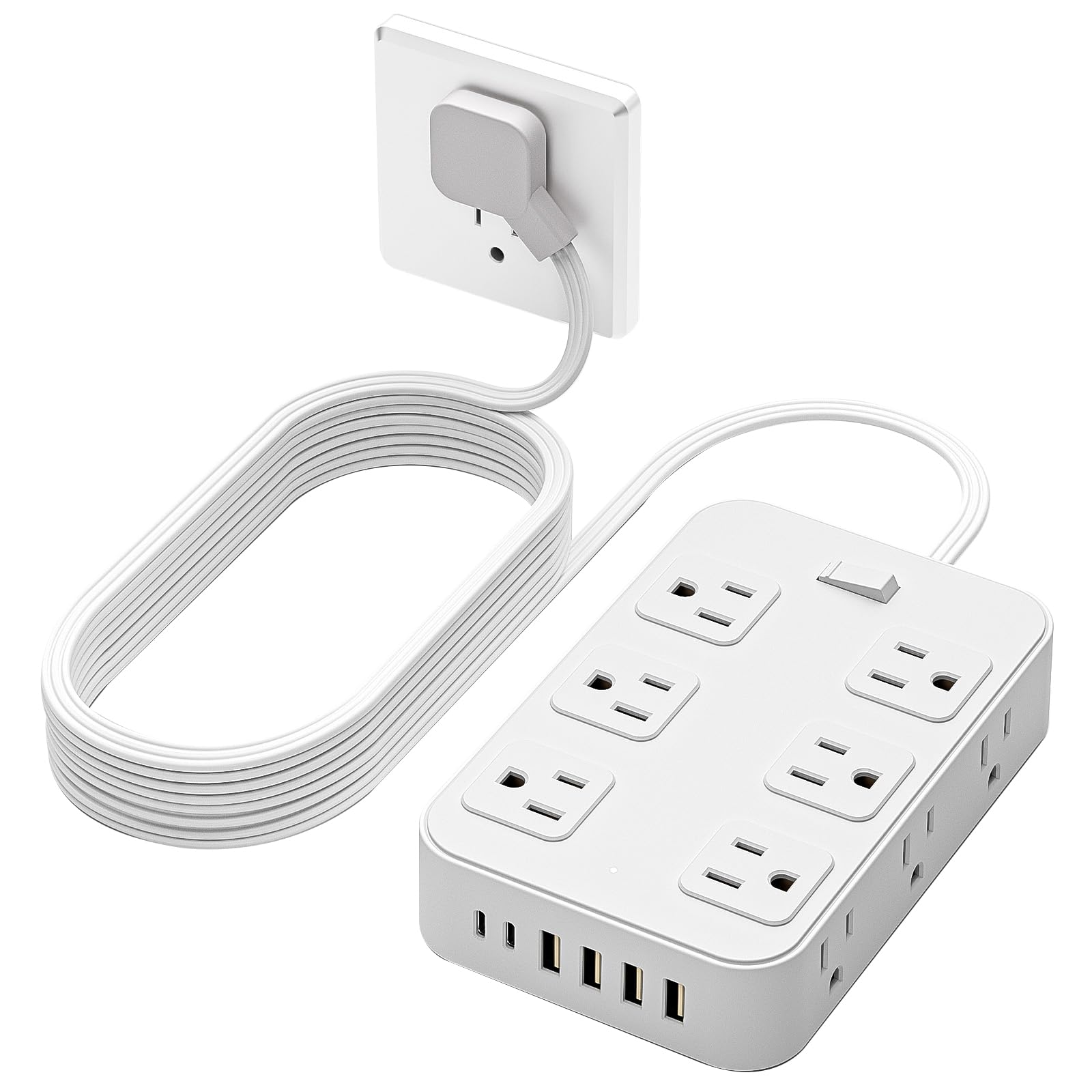 Flat Plug Power Strip Surge Protector 5 Ft Extension Cord with 12 AC Outlets 6 USB Ports 3 Side Multi Plug Outlet Extender Home Office Kitchen Dorm Room Wall Desk Charging Station ETL Listed