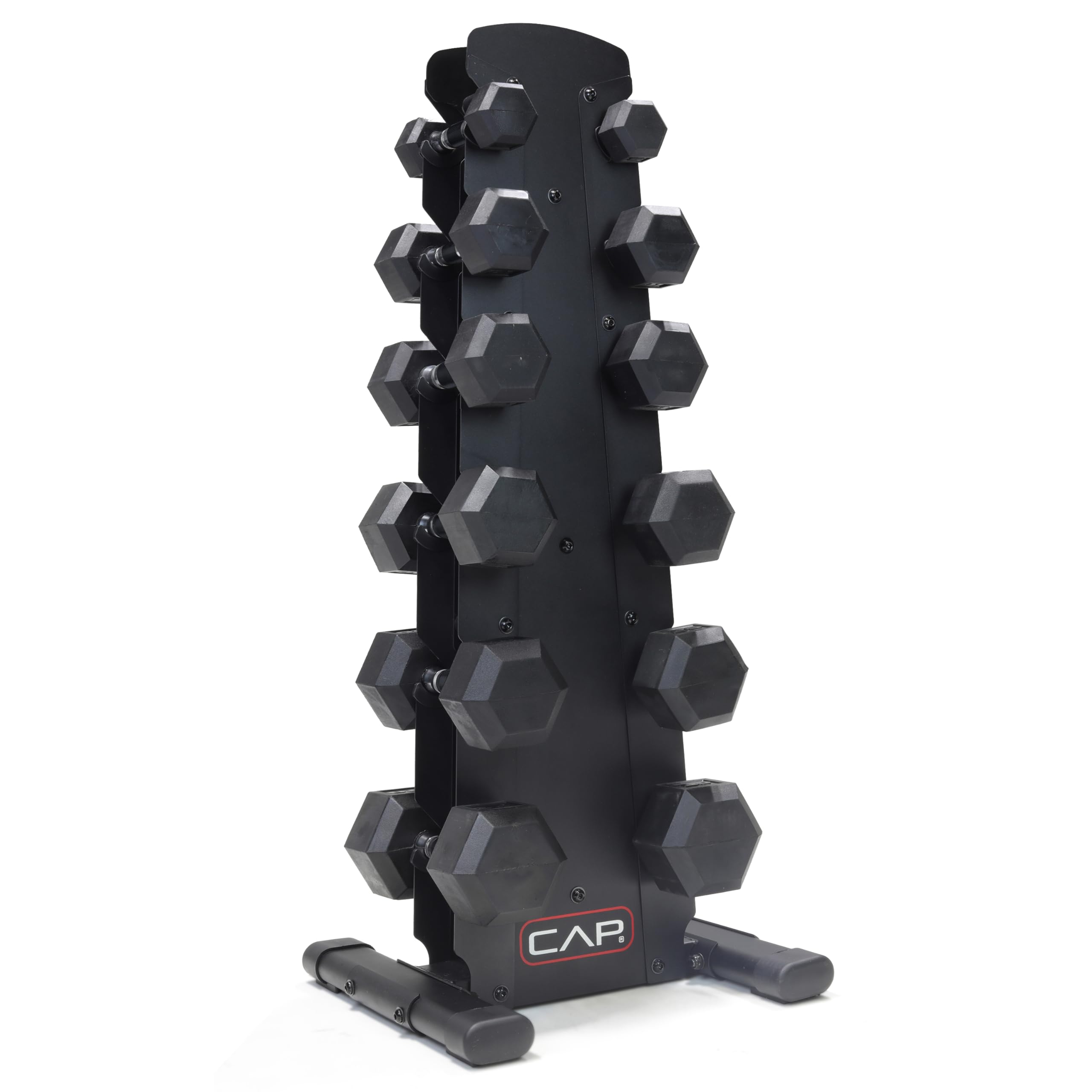 CAP Rubber Coated Hex Dumbbell Set with Storage Rack | 100–210 lb Options, Space-Saving Vertical Compact Storage for Home Gym Strength Training