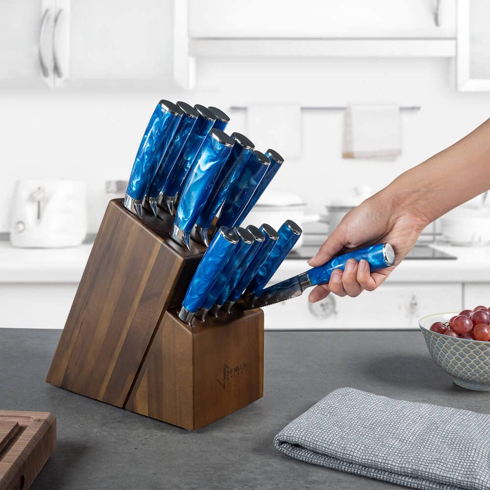 SENKEN 16-Piece Knife Block Set - Japanese High Carbon Stainless Steel with Damascus Pattern, Dark Wood Handles, 6 Steak Knives & Acacia Hardwood Block (Brown)