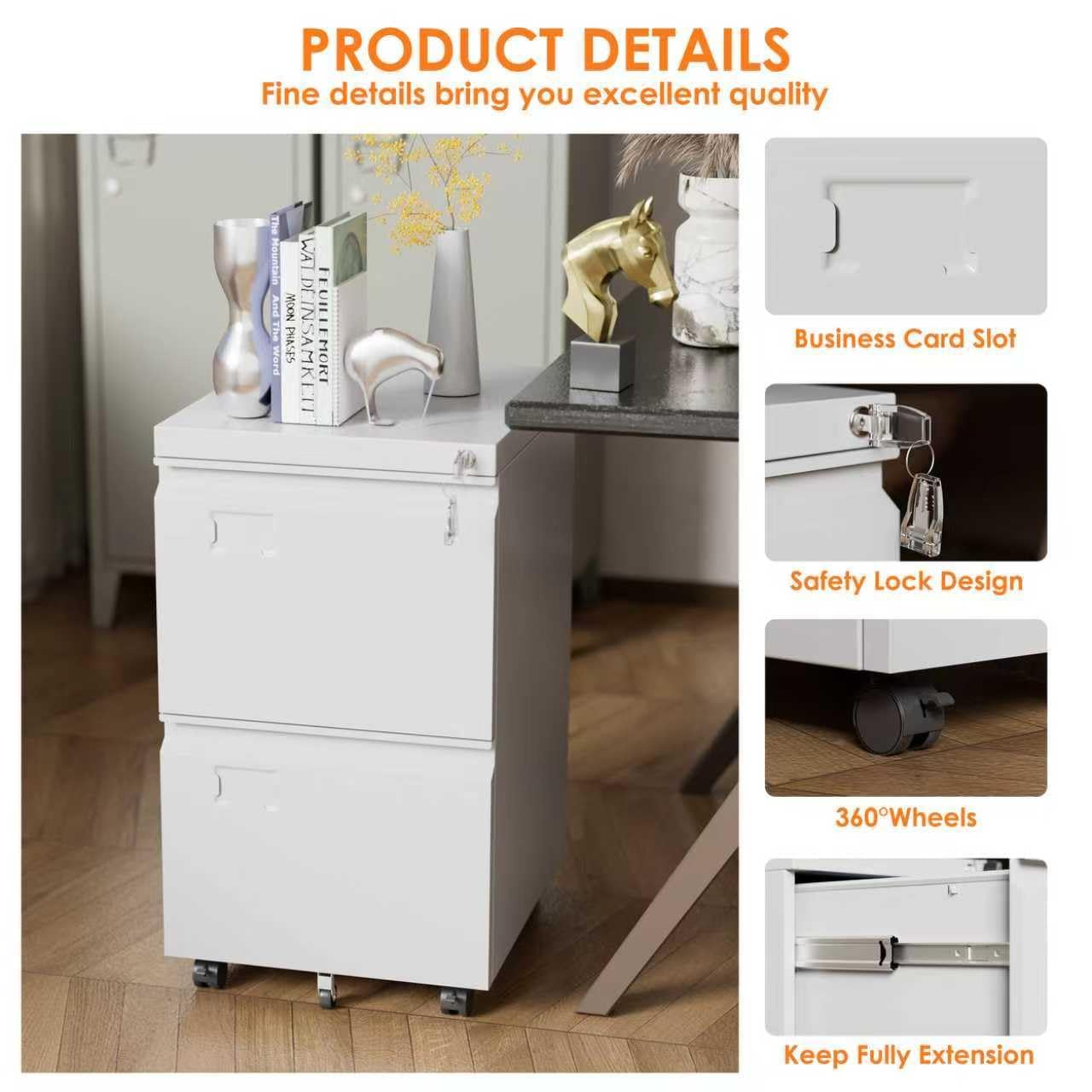 SUXXAN 2 Drawer Steel File Cabinet with Lock, Wheels, Assembly Required | Black steel cabinet for Letter/Legal files with 5 casters, two locking casters, name tags, and required assembly.