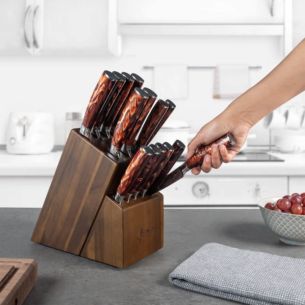 SENKEN 16-Piece Knife Block Set - Japanese High Carbon Stainless Steel with Damascus Pattern, Dark Wood Handles, 6 Steak Knives & Acacia Hardwood Block (Brown)