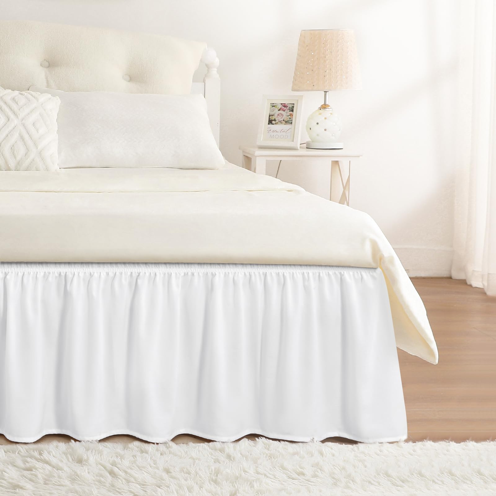 RIMELA Dorm Bed Skirt Twin XL 32 Inch Drop, Easy to Install Extra Long Wrap Around Elastic Dust Ruffle, White Bedskirt Solid Silky Fabric Machine Washable, Bedroom Decor