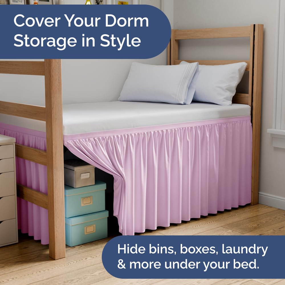 Dorm Room Bed Skirt Twin XL - College Dorm Room Essentials - White, 34 Inch | Extra Long Dust Ruffled College Bedskirt with Split Corners, Easy Fit Elastic Strap, Adjustable, Fade & Wrinkle Free
