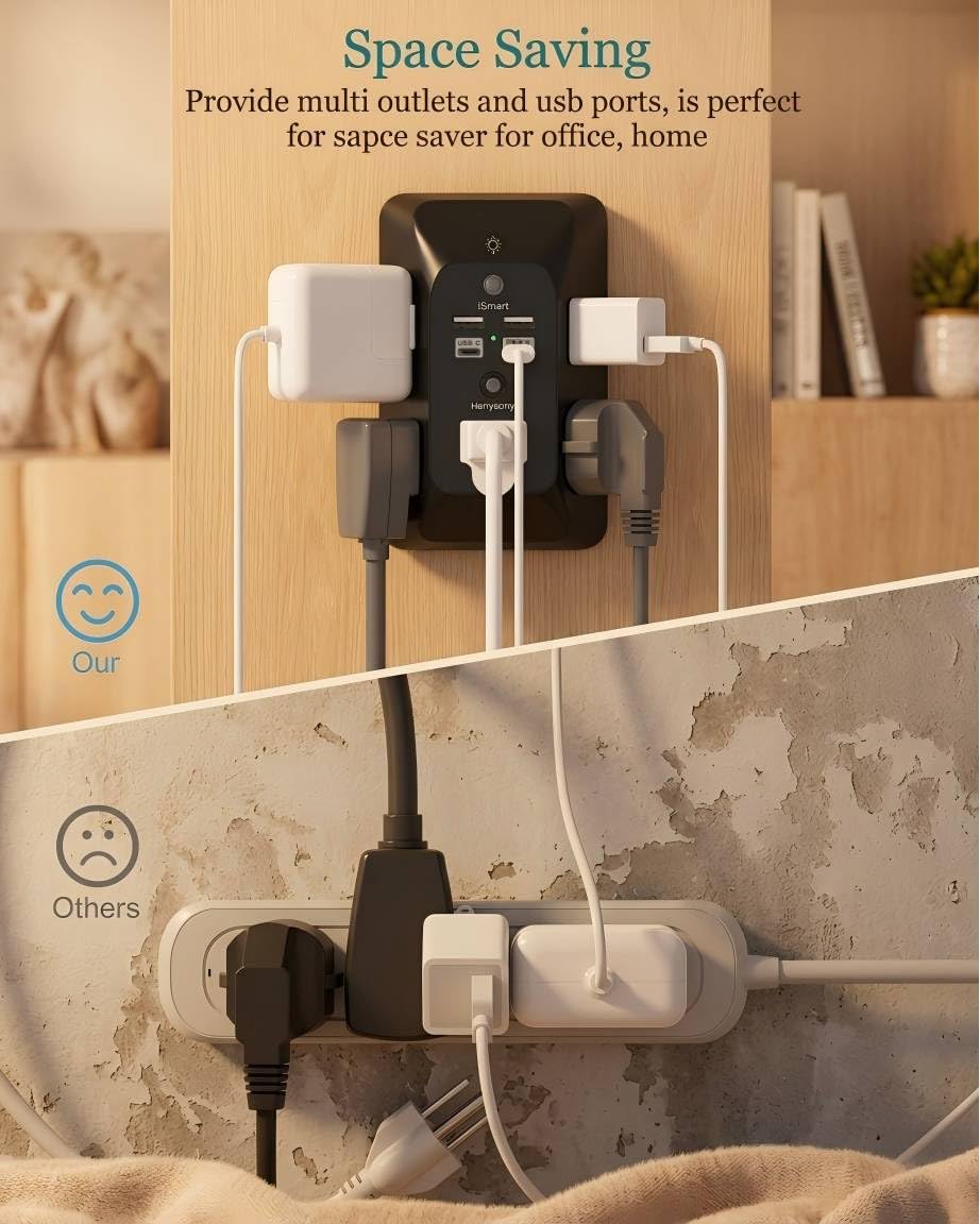 Outlet Extender with Night Light, Multi Plug Wall Outlet, Surge Protector | Multiple Electrical Outlet Splitter Expander, 4 USB Ports (1 USB C) Wall Charger, Plug Extension Adapter for Home, Dorm, RV