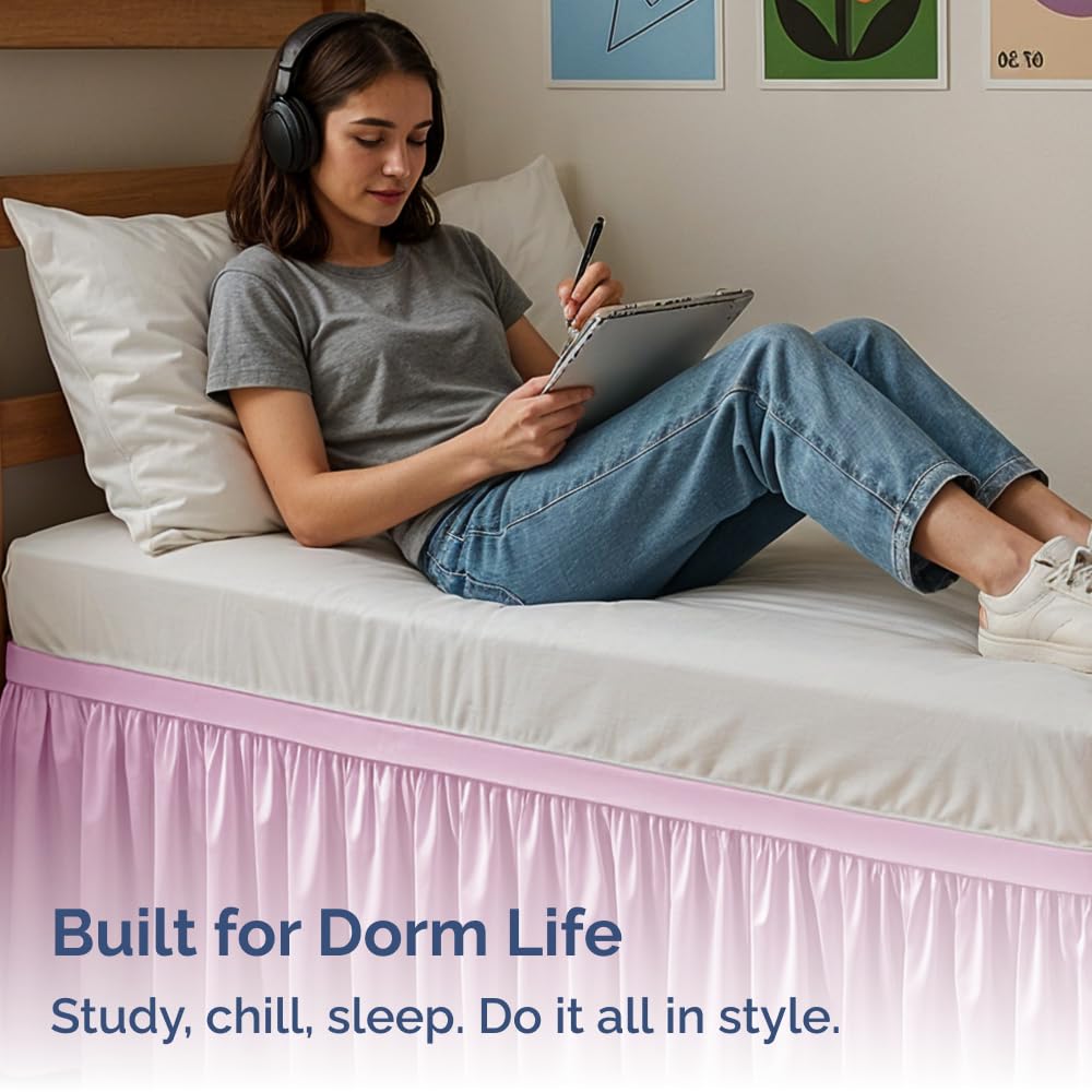 Dorm Room Bed Skirt Twin XL - College Dorm Room Essentials - White, 34 Inch | Extra Long Dust Ruffled College Bedskirt with Split Corners, Easy Fit Elastic Strap, Adjustable, Fade & Wrinkle Free