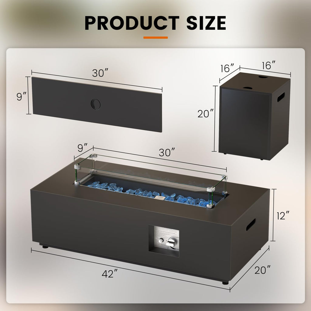SUNPEAK 42" Modern Fire Pit Table with LED Light 50,000 BTU Deck Fire Pit Table Includes Wind Guard, Lid, Rocks & Cover - Propane Gas Patio Fireplace, Chimenea para Patio (Grey/Golden Light, 42" LED)