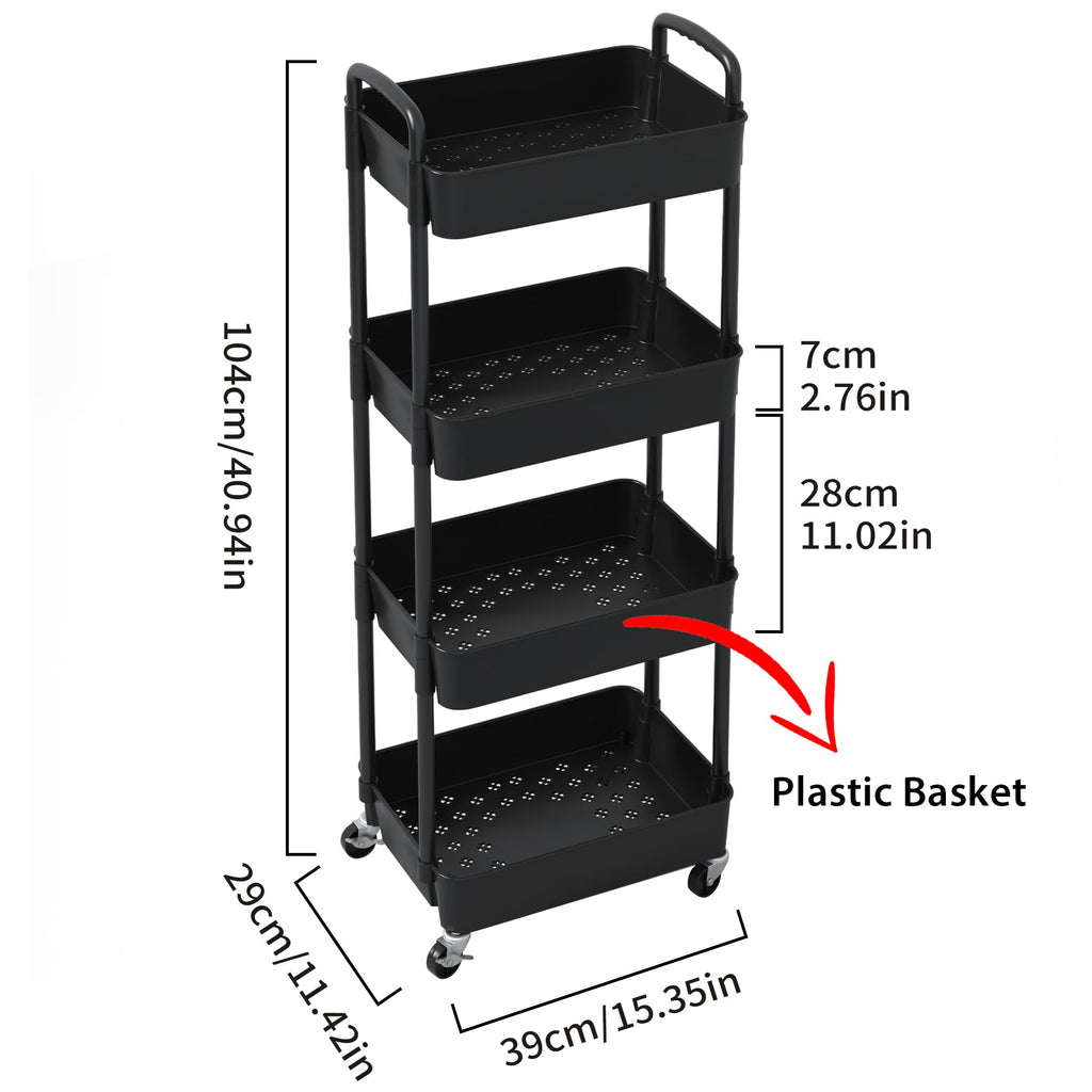 Sywhitta 3-Tier Plastic Rolling Utility Cart with Handle, Multi-Functional Storage Trolley for Office, Living Room, Kitchen, Movable Storage Organizer with Wheels, Black