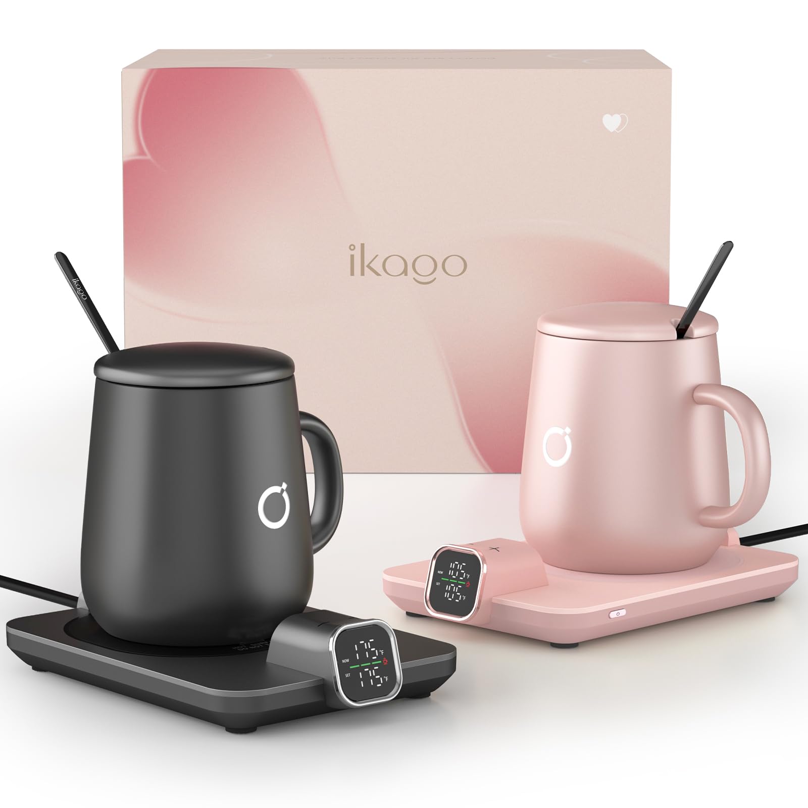 Coffee Cup Warmer & iKago Mug Set, 1℉ Precise Temp Control Mug Warmer | Auto Shut Off, Infrared Sensor, Dual Temp Display, ℉/℃ Optional, 15oz Mug with Spoon & Lid Included, Gifts for Men Women