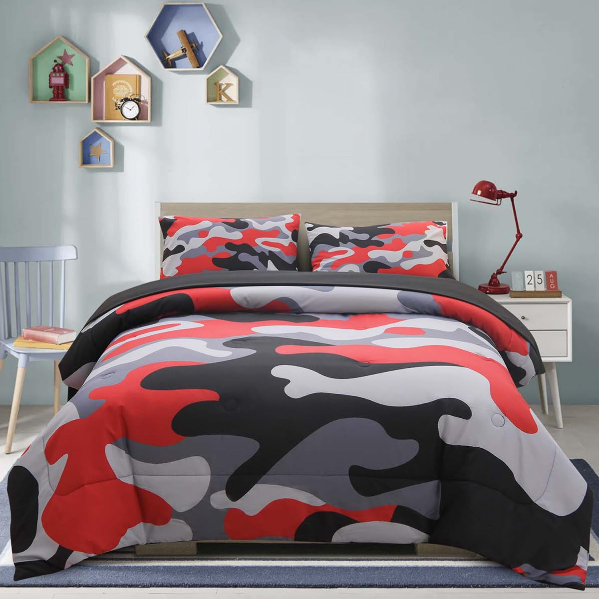 Holawakaka Twin Size Camouflage Bedding Comforter Set with Sheets, Boys Girls Men Camo Bed in A Bag 5 Pieces,Kids Teens Dorm Bed Sets Neutral Farmhouse Lodge Cabin Army Bedspread (Red, Twin)
