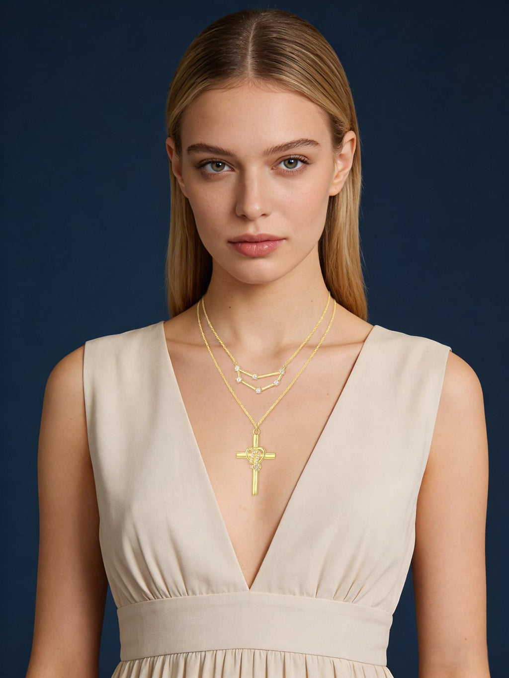 14K Gold Zodiac Cross Layered Necklace for Women - Horoscope Constellation Pendant with Cross,Luxury Anniversary Birthday Mothers Day Gifts Jewelry (12 Zodiac Signs)
