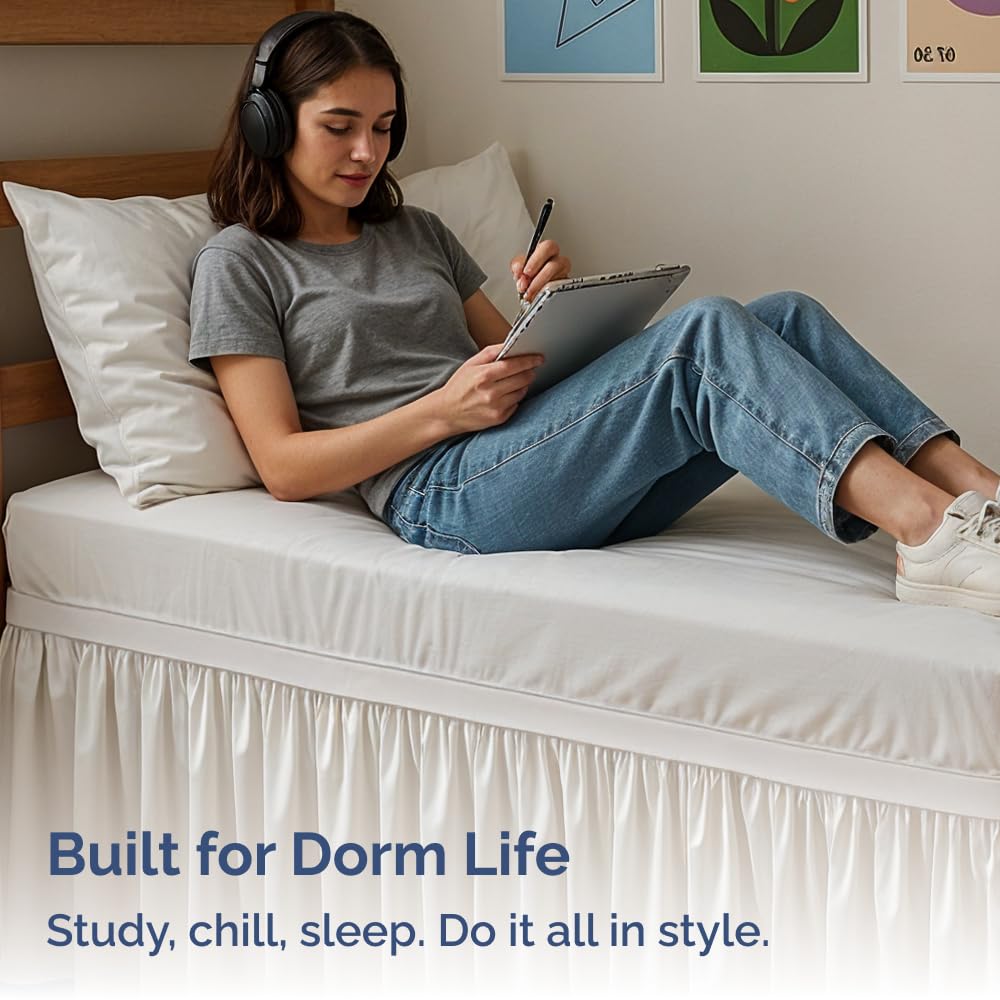 Dorm Room Bed Skirt Twin XL - College Dorm Room Essentials - White, 34 Inch | Extra Long Dust Ruffled College Bedskirt with Split Corners, Easy Fit Elastic Strap, Adjustable, Fade & Wrinkle Free