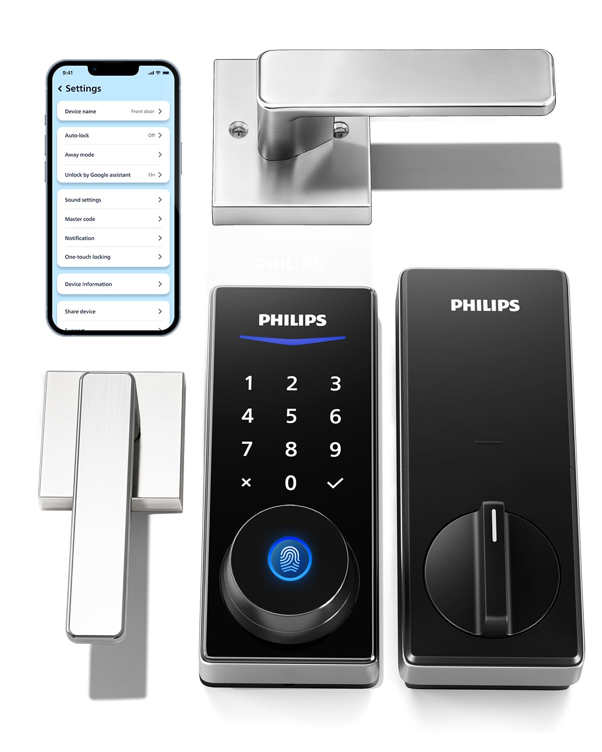Philips Smart Lock with Handles, Keyless Entry Door Lock Set, Keypad Door Lock with 2 Level Handles, Digital Keypad Deadbolt for Front Door, App Fingerprint PIN Code Unlocking, Auto Locking