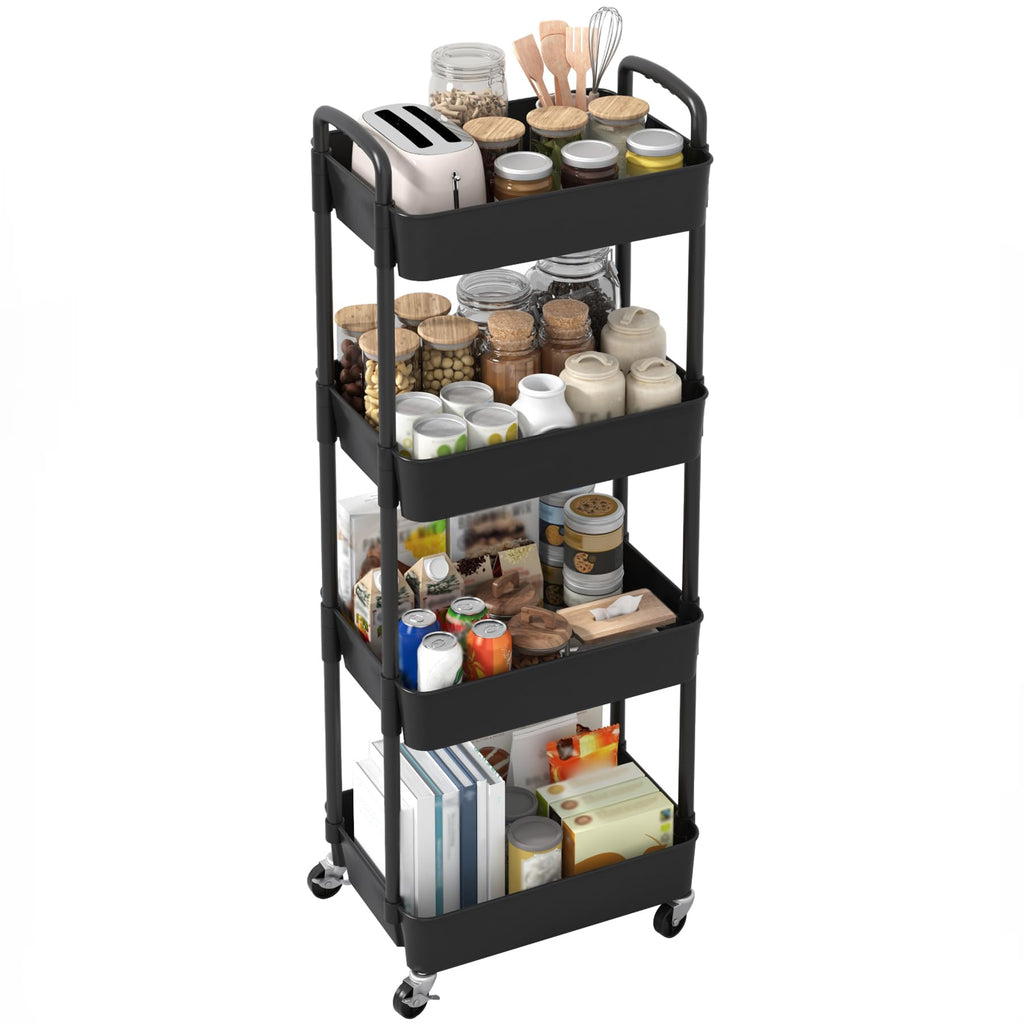 Sywhitta 3-Tier Plastic Rolling Utility Cart with Handle, Multi-Functional Storage Trolley for Office, Living Room, Kitchen, Movable Storage Organizer with Wheels, Black