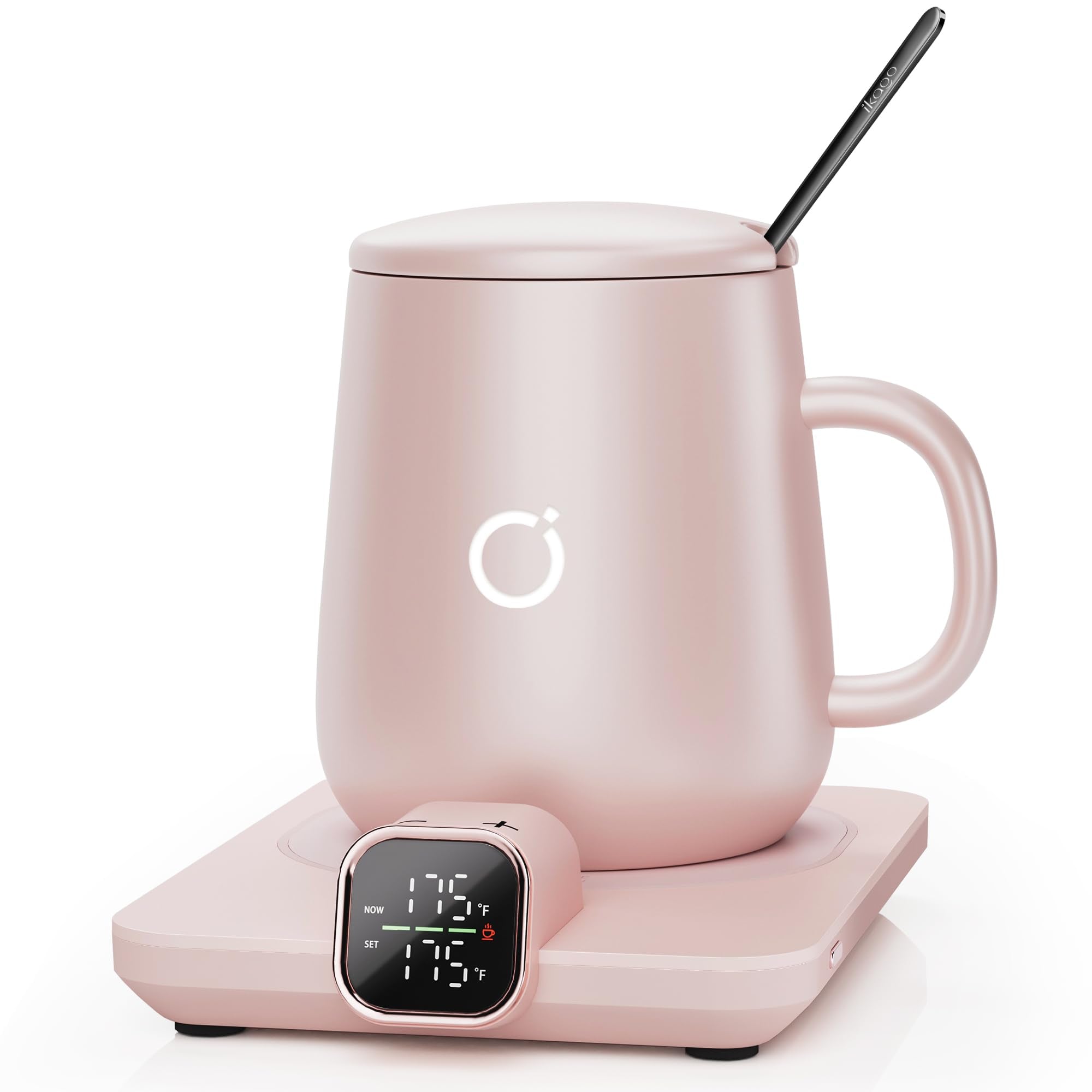 Coffee Cup Warmer & iKago Mug Set, 1℉ Precise Temp Control Mug Warmer | Auto Shut Off, Infrared Sensor, Dual Temp Display, ℉/℃ Optional, 15oz Mug with Spoon & Lid Included, Gifts for Men Women