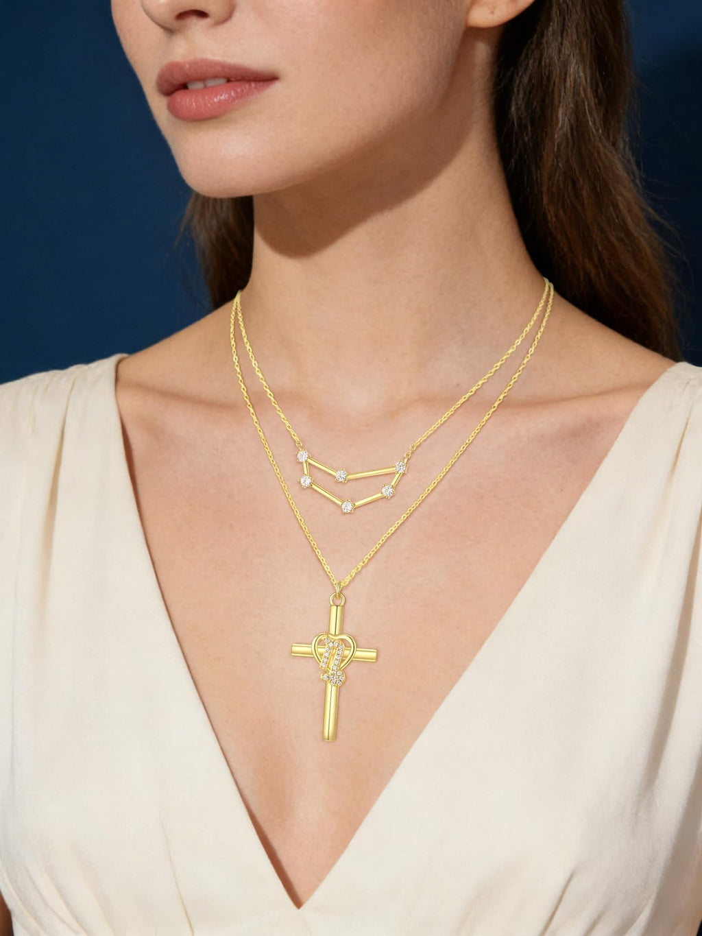 14K Gold Zodiac Cross Layered Necklace for Women - Horoscope Constellation Pendant with Cross,Luxury Anniversary Birthday Mothers Day Gifts Jewelry (12 Zodiac Signs)