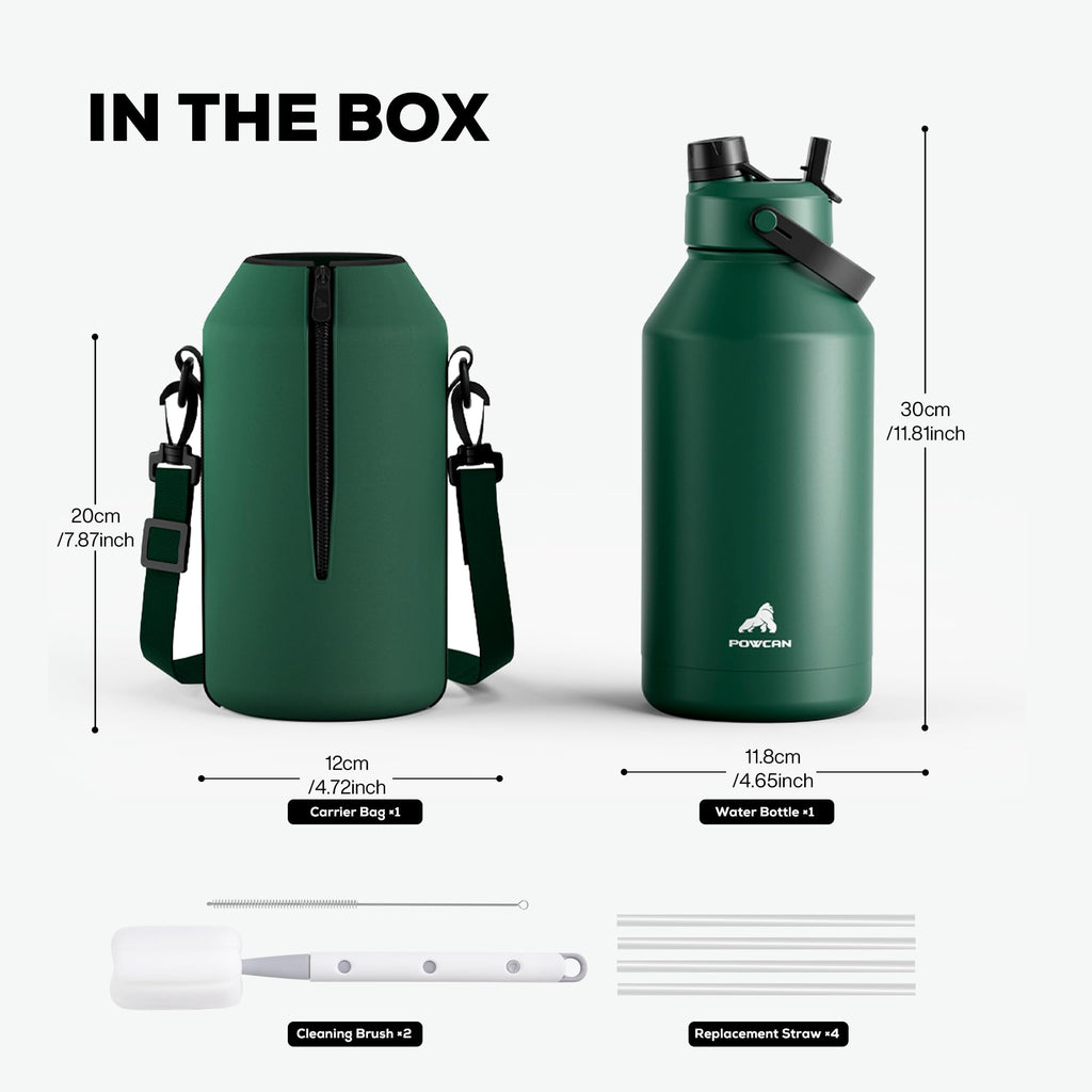 POWCAN 64 oz Insulated Water Bottle for Sports: 2-in-1 Straw & Spout Lid, Leakproof, Carrier Bag, Shoulder Strap, Keep Cold 48H, BPA-Free, Half Gallon Metal Water Jug for Gym, Travel, Gift (Midnight)