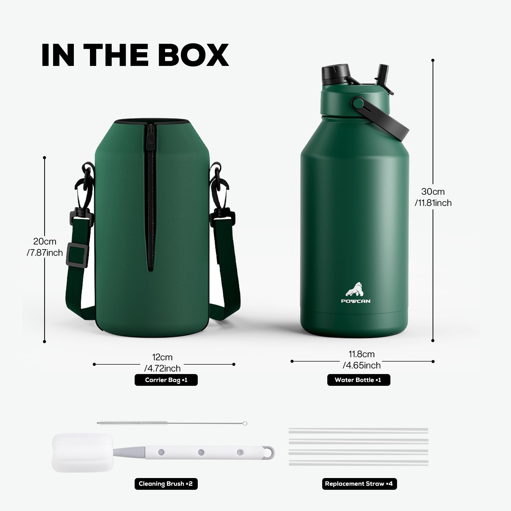 POWCAN 64 oz Insulated Water Bottle for Sports: 2-in-1 Straw & Spout Lid, Leakproof, Carrier Bag, Shoulder Strap, Keep Cold 48H, BPA-Free, Half Gallon Metal Water Jug for Gym, Travel, Gift (Midnight)