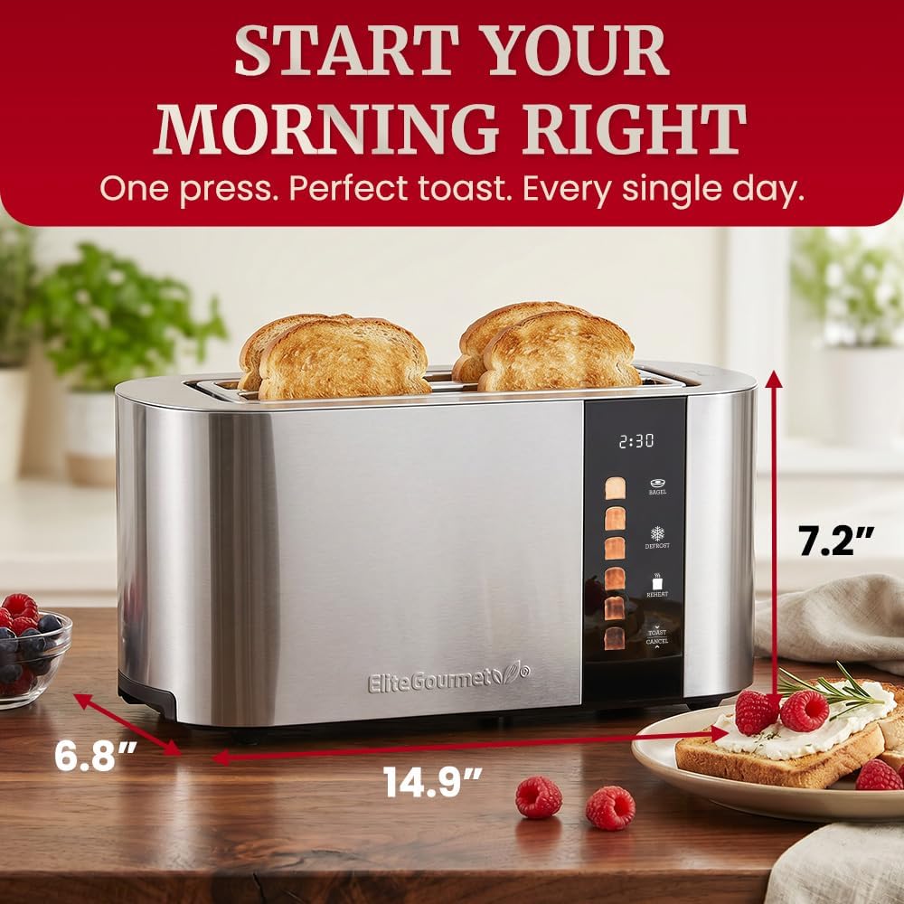 Elite Gourmet ECT5500 4-Slice Long Slot Toaster, Fully Automatic Motorized, Stainless Steel Digital Touchscreen, Extra-Wide Slots, 6 Browning Levels, Bagel, Defrost & Reheat