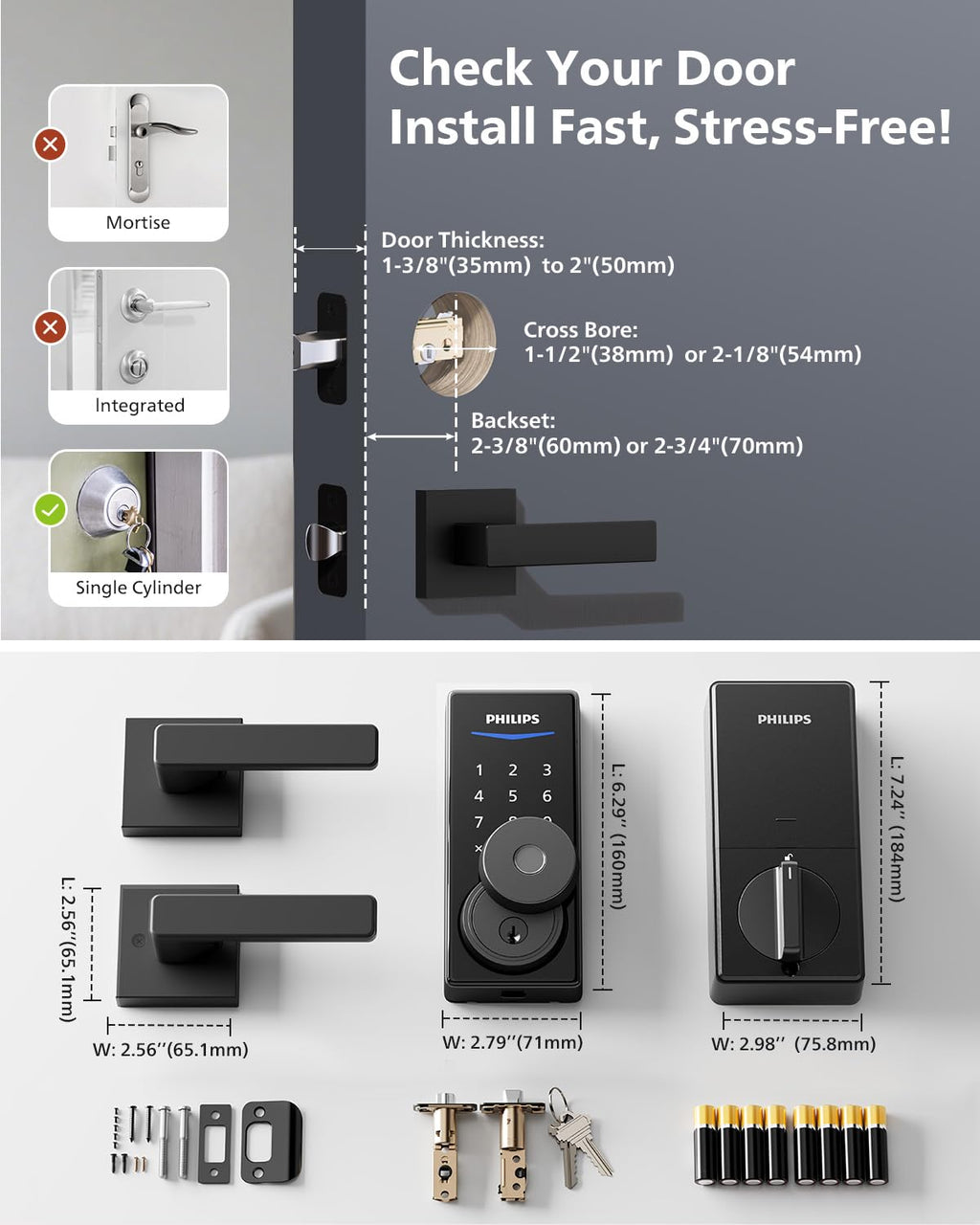 Philips Smart Lock with Handles, Keyless Entry Door Lock Set, Keypad Door Lock with 2 Level Handles, Digital Keypad Deadbolt for Front Door, App Fingerprint PIN Code Unlocking, Auto Locking