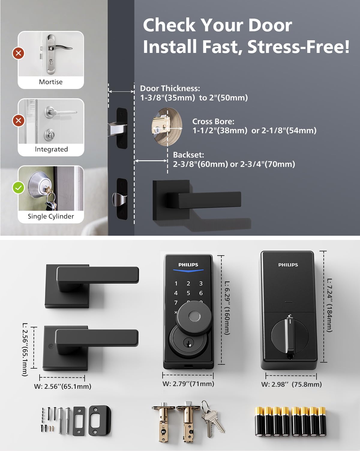 Philips Smart Lock with Handles, Keyless Entry Door Lock Set, Keypad Door Lock with 2 Level Handles, Digital Keypad Deadbolt for Front Door, App Fingerprint PIN Code Unlocking, Auto Locking