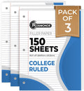 Rosmonde Loose Leaf Paper, 450 Sheets, 3 Pack, College Ruled Paper, 8" x 10.5", Bulk Office Filler Paper, 3 Hole Punched, 150 Sheets/Pack, 56 gsm Paper, College Ruled Notebook Paper for Binder, White | Bulk Office Filler Paper, 8" x 10.5", 3 Hole Punched,