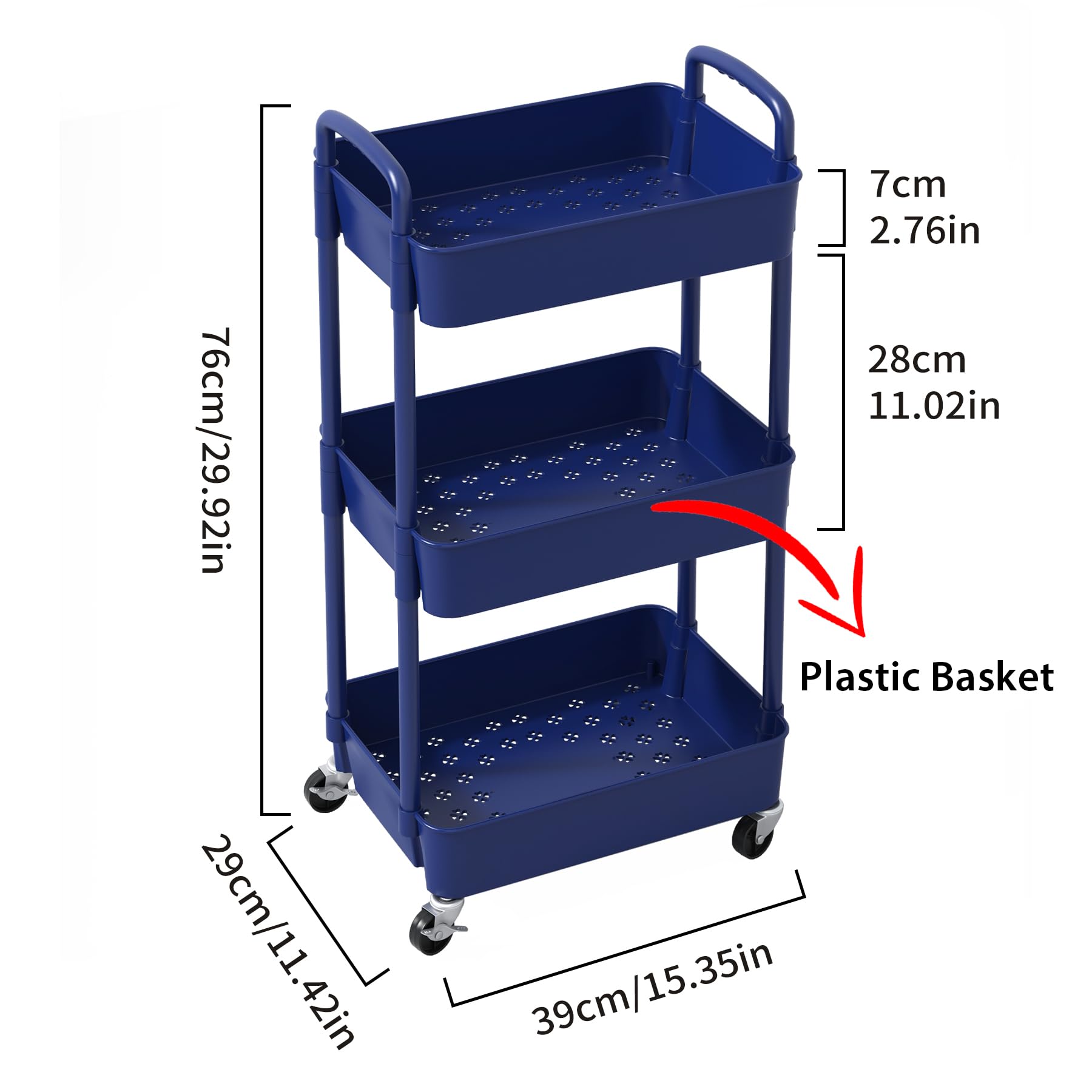 Sywhitta 3-Tier Plastic Rolling Utility Cart with Handle, Multi-Functional Storage Trolley for Office, Living Room, Kitchen, Movable Storage Organizer with Wheels, Black