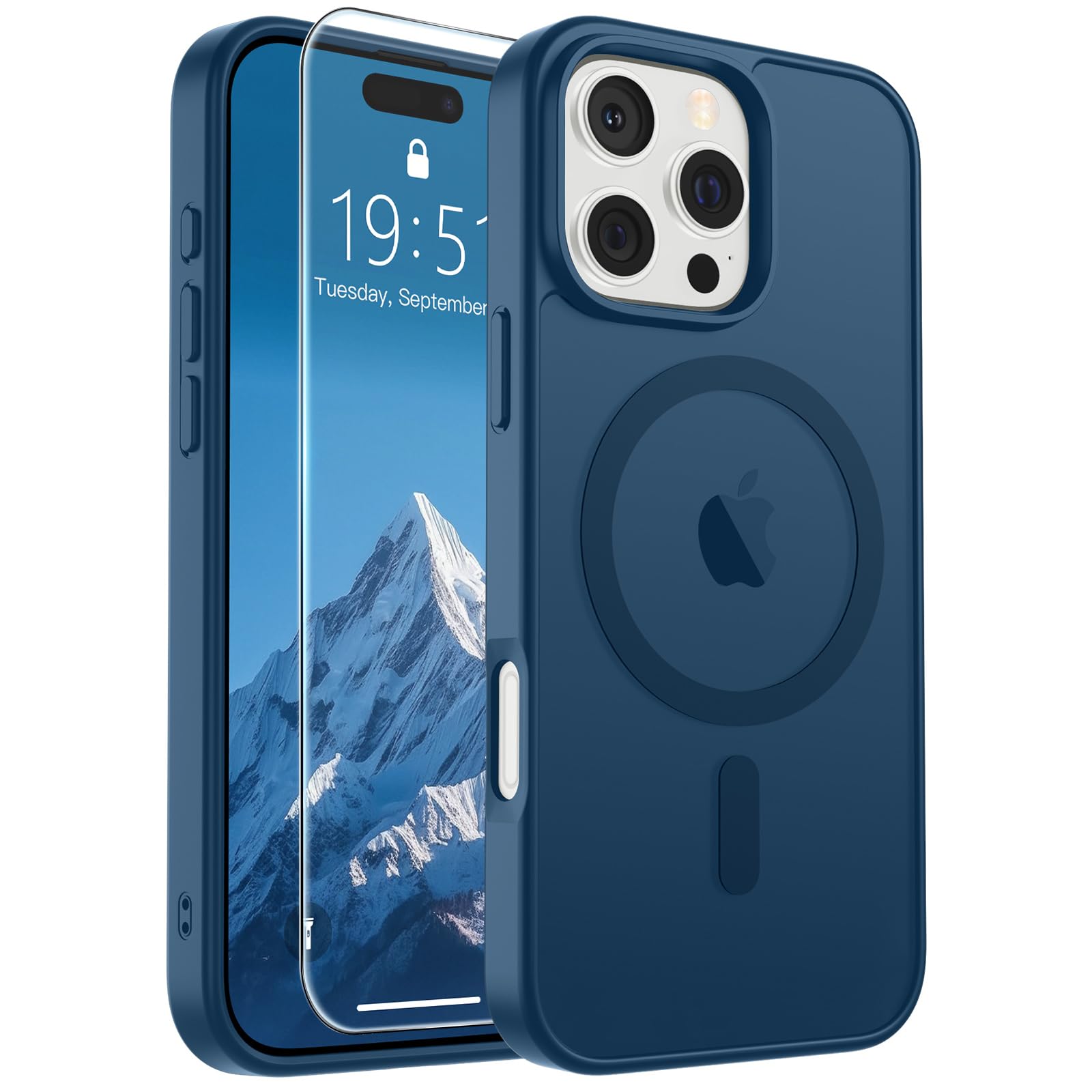 SUPFINE Magnetic for iPhone 17 Pro Max Case with Screen Protector (Compatible with MagSafe)(Military Grade Drop Protection) Translucent Matte Phone Cover,Dark Blue