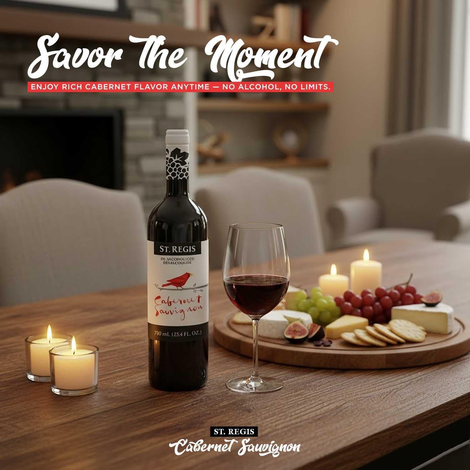 ST. REGIS Non-Alcoholic Cabernet Sauvignon, 25.4 Fl Oz (6 Pack) - Low Calorie, Low Sugar - Fruity & Spicy Rich Flavor from Spain